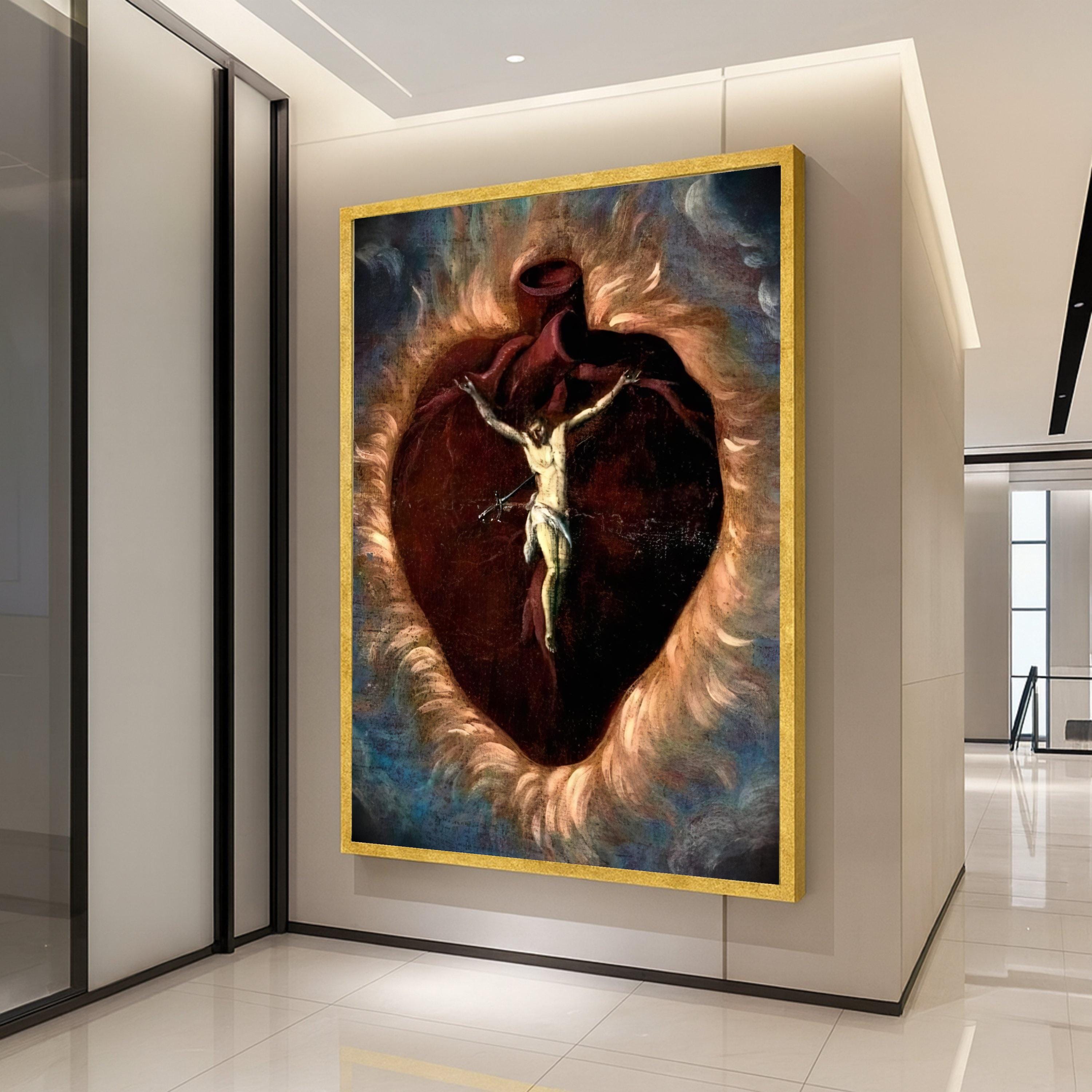 Sacred Heart Canvas Wall Art, Religious Christian Crucifixion, Spiritual Heart Symbol, Inspirational Faith Painting, Home Ready To Hang,