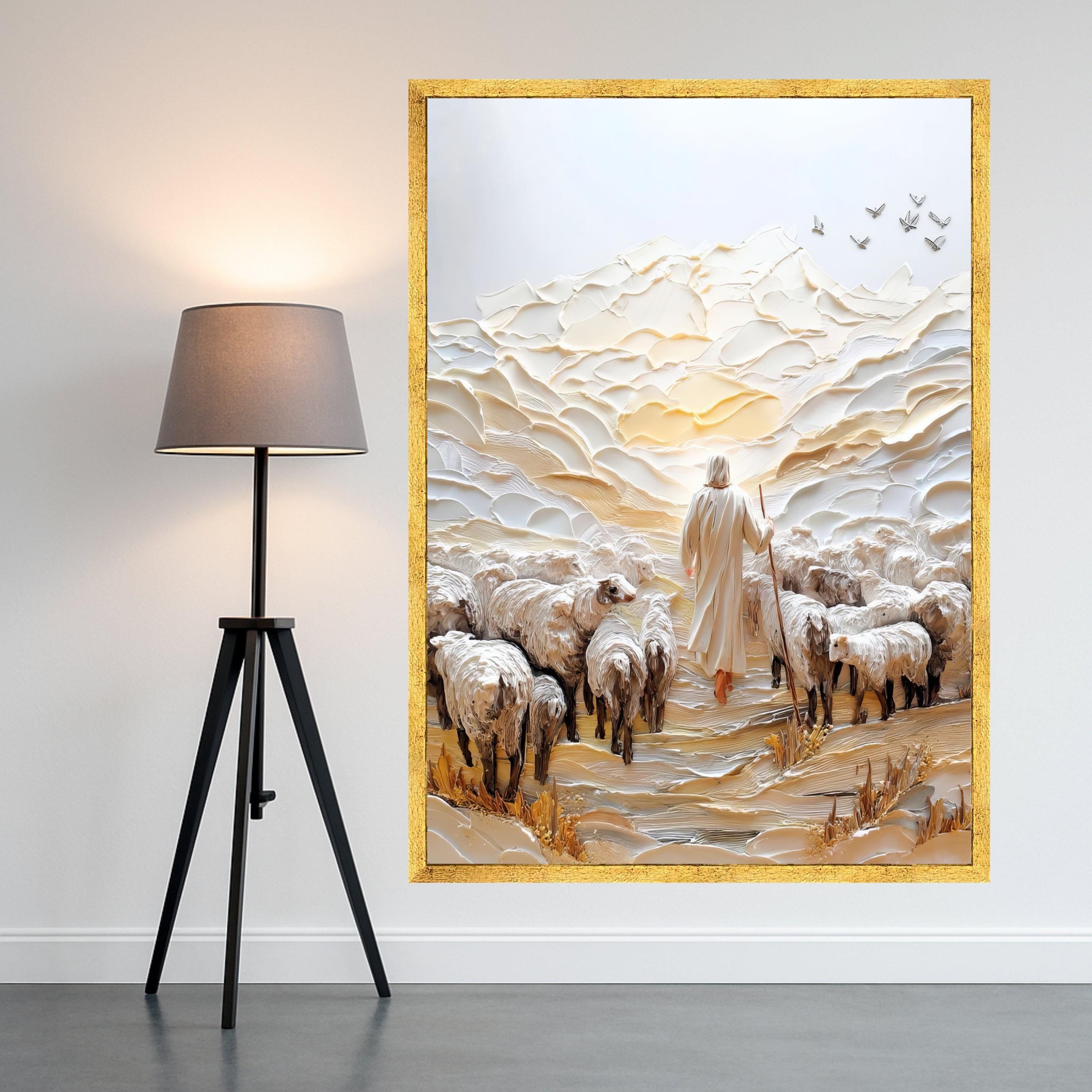 Shepherd with Flock Canvas Wall Art, Spiritual Landscape Painting, Religious Home Decor, Pastoral Scene Canvas, Inspirational Ready To Hang,
