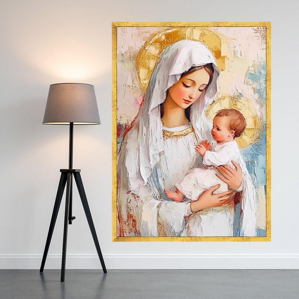 Madonna and Child Canvas Wall Art, Religious Iconography Painting, Virgin Mary and Baby Jesus, Spiritual Home Decor, Ready To Hang,
