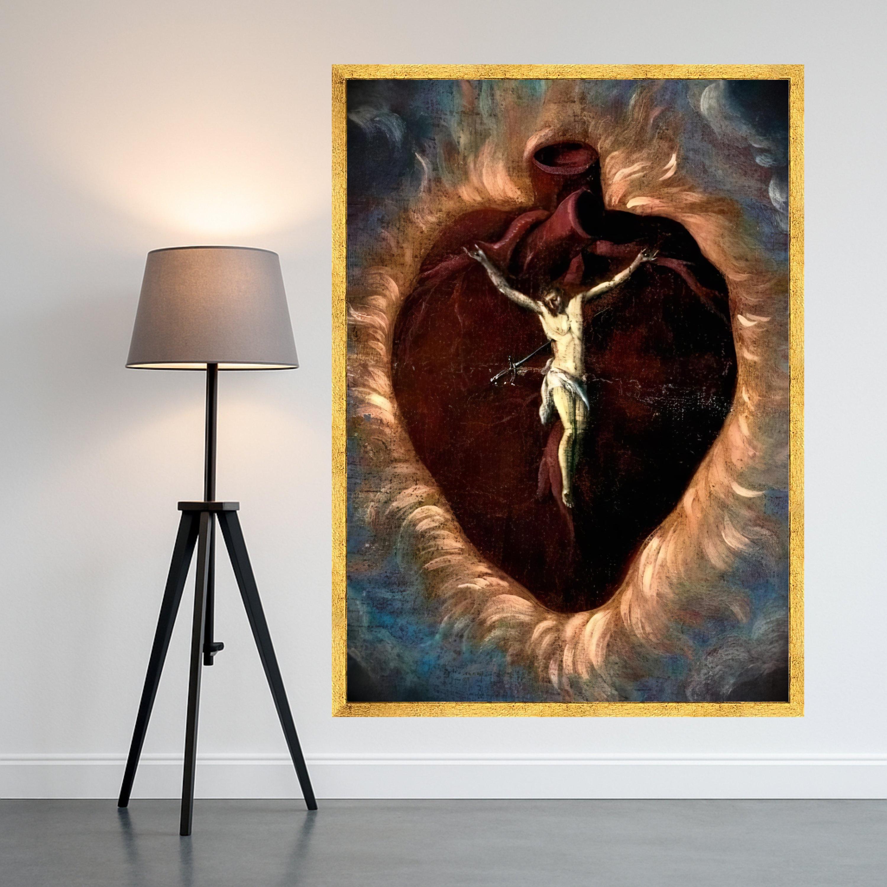 Sacred Heart Canvas Wall Art, Religious Christian Crucifixion, Spiritual Heart Symbol, Inspirational Faith Painting, Home Ready To Hang,