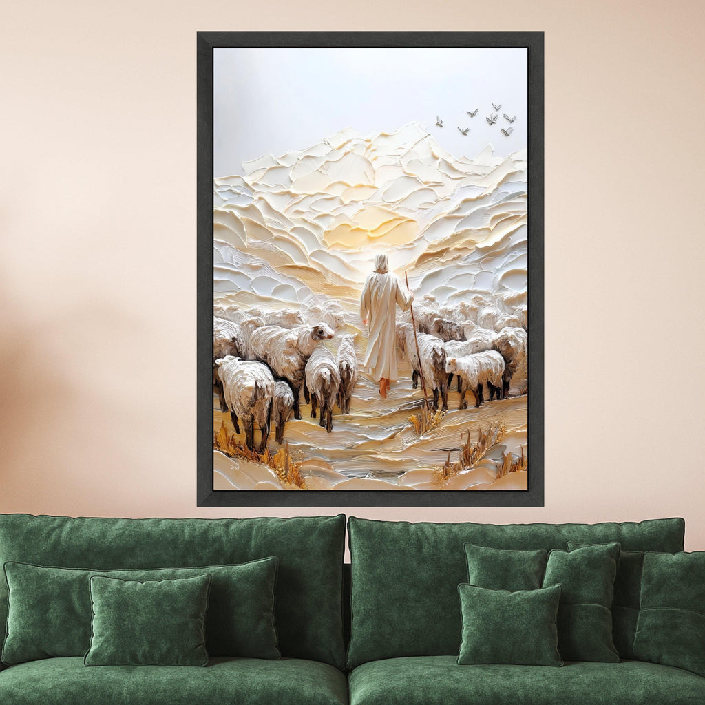 Shepherd with Flock Canvas Wall Art, Spiritual Landscape Painting, Religious Home Decor, Pastoral Scene Canvas, Inspirational Ready To Hang,