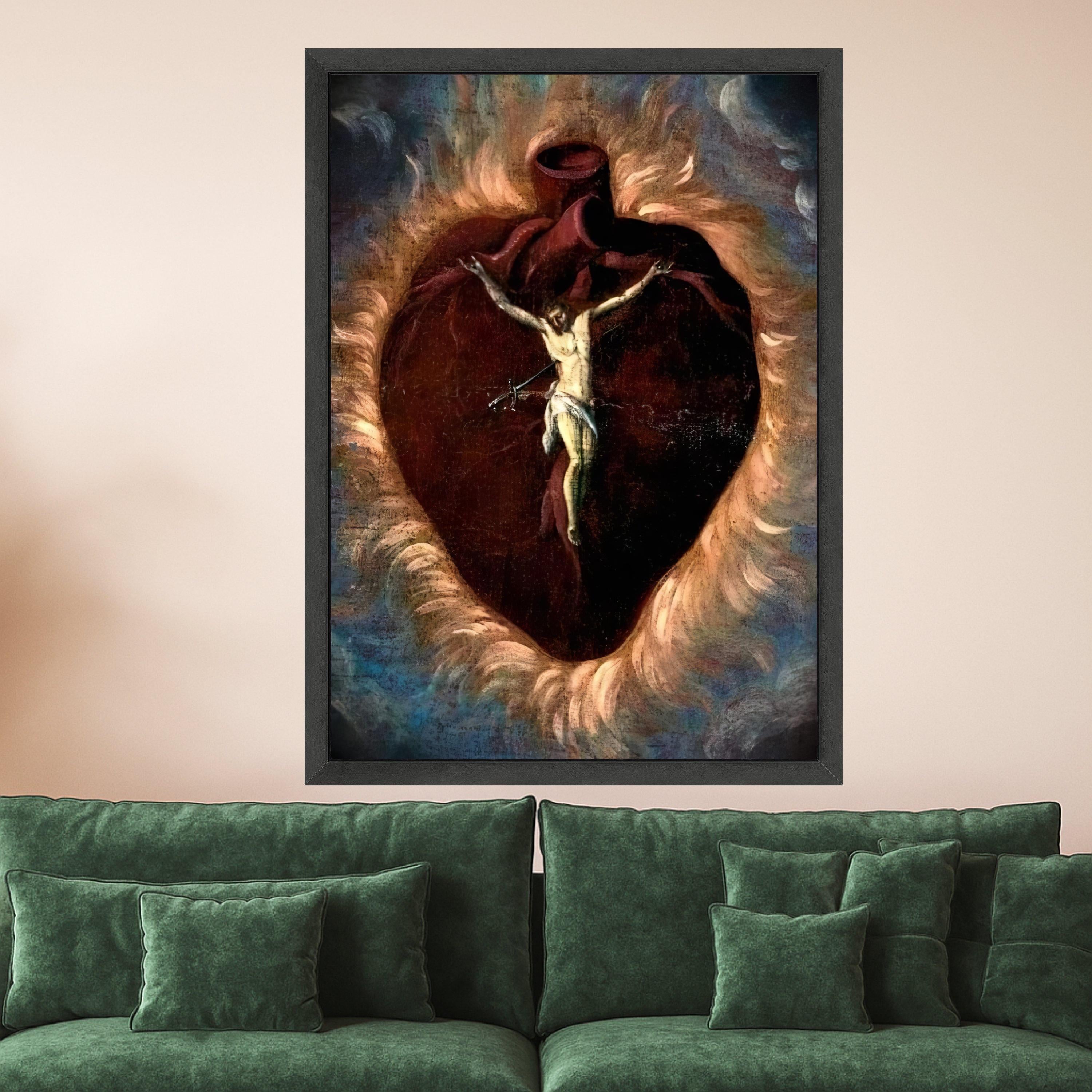 Sacred Heart Canvas Wall Art, Religious Christian Crucifixion, Spiritual Heart Symbol, Inspirational Faith Painting, Home Ready To Hang,
