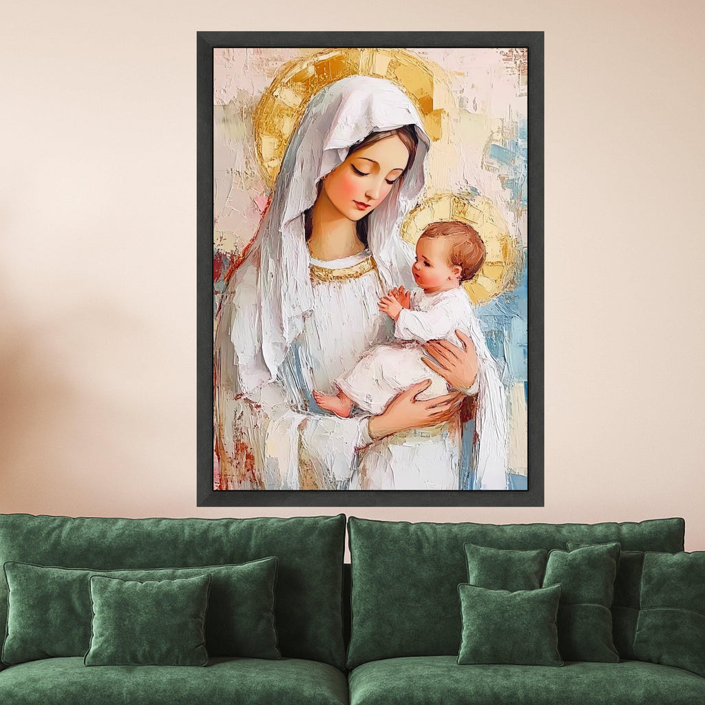 Madonna and Child Canvas Wall Art, Religious Iconography Painting, Virgin Mary and Baby Jesus, Spiritual Home Decor, Ready To Hang,