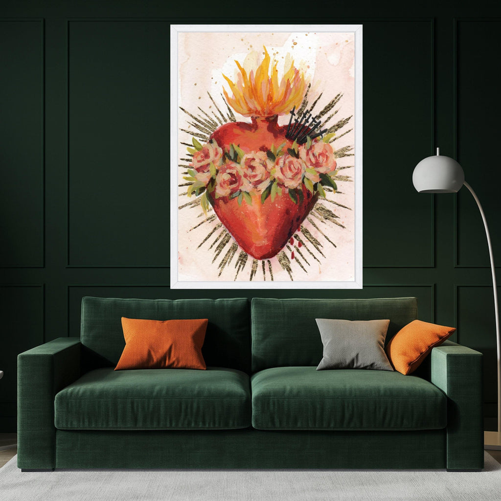 Sacred Heart Canvas Wall Art, Flaming Heart with Roses, Religious Spiritual Canvas, Catholic Wall Decor, Vibrant Home Ready To Hang,