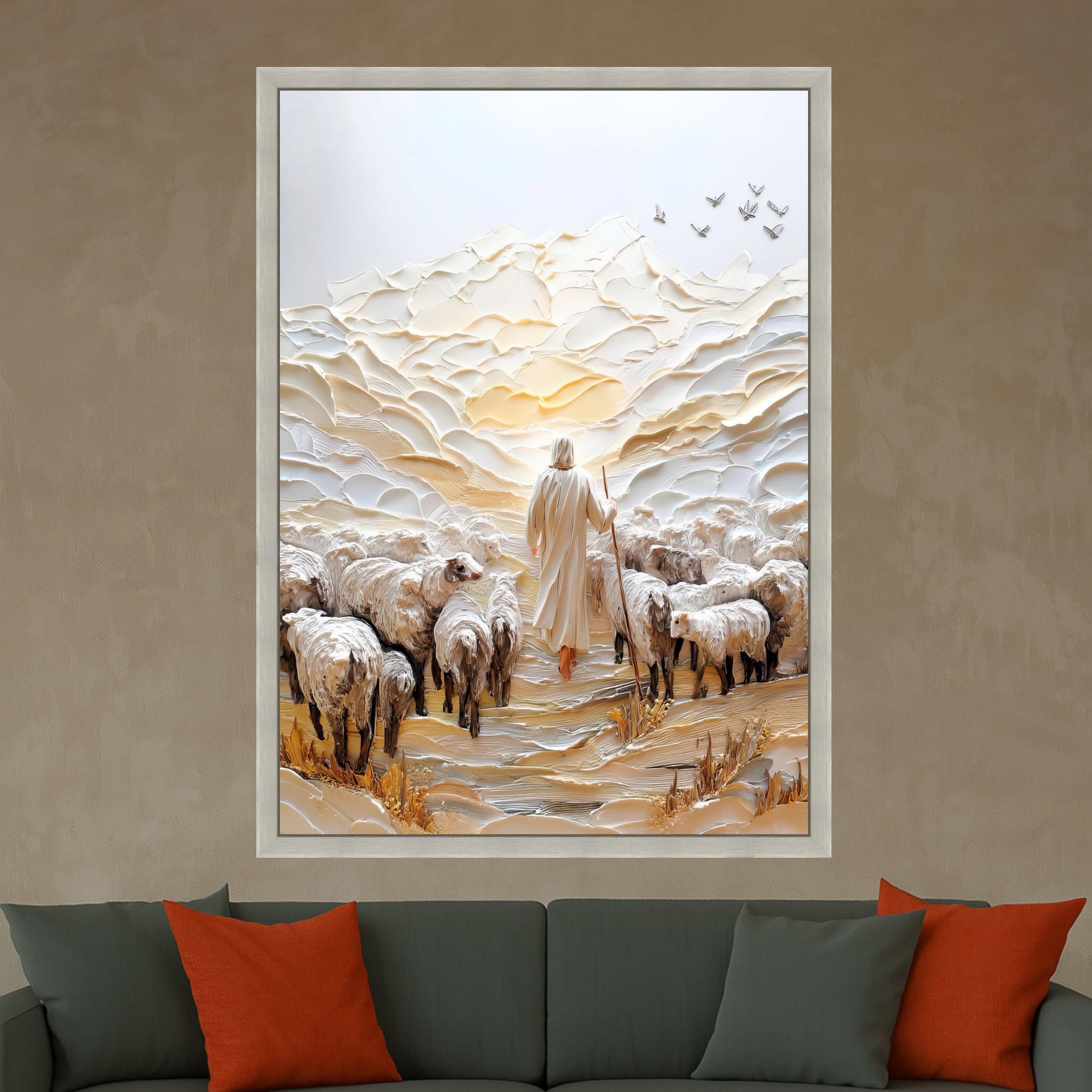 Shepherd with Flock Canvas Wall Art, Spiritual Landscape Painting, Religious Home Decor, Pastoral Scene Canvas, Inspirational Ready To Hang,