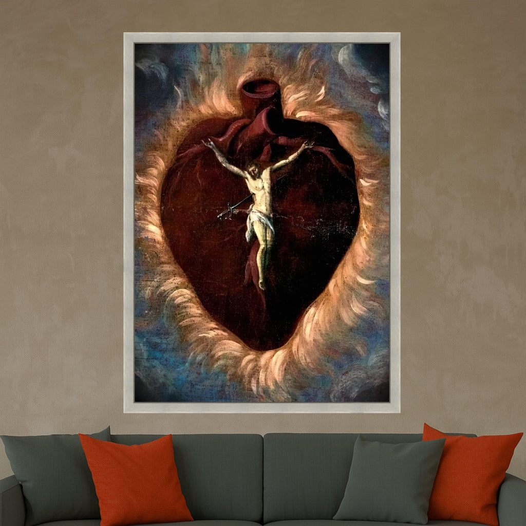 Sacred Heart Canvas Wall Art, Religious Christian Crucifixion, Spiritual Heart Symbol, Inspirational Faith Painting, Home Ready To Hang,