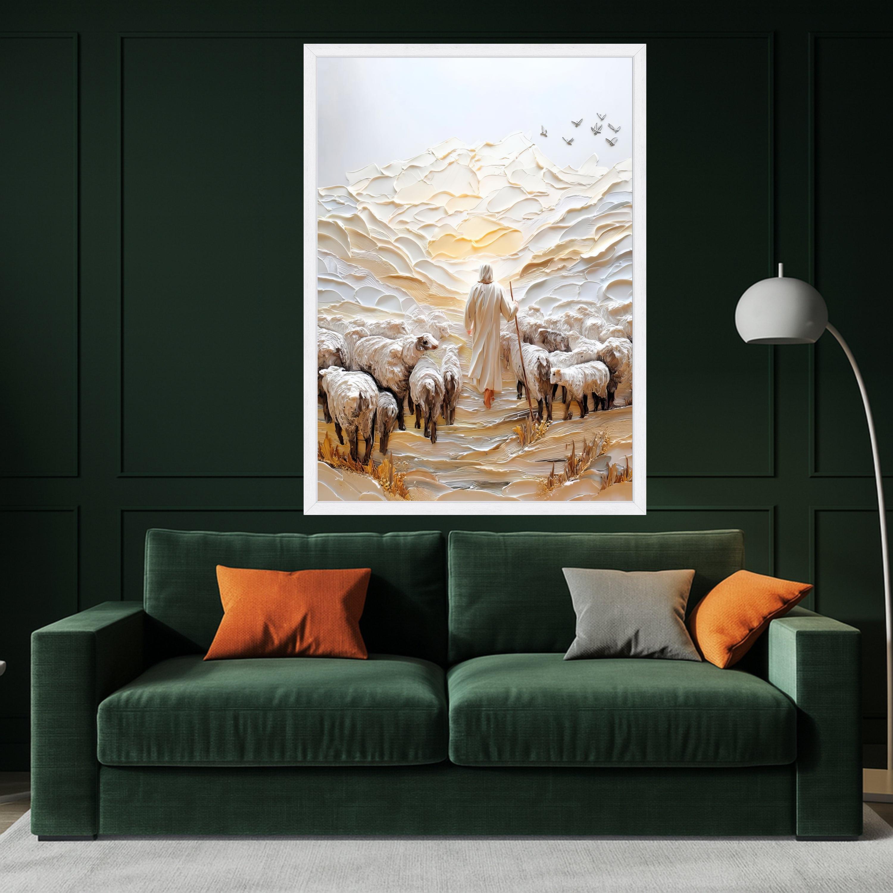 Shepherd with Flock Canvas Wall Art, Spiritual Landscape Painting, Religious Home Decor, Pastoral Scene Canvas, Inspirational Ready To Hang,