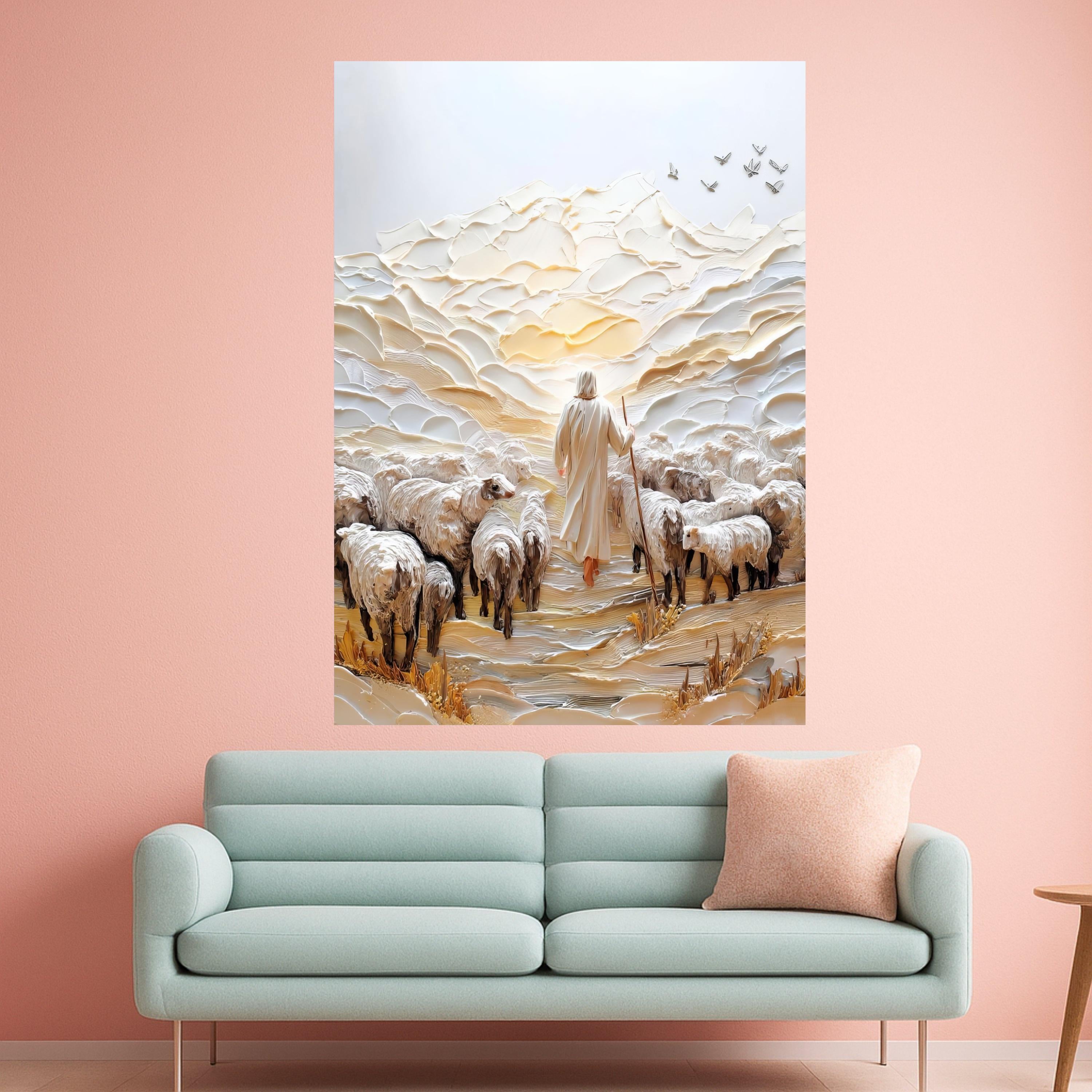 Shepherd with Flock Canvas Wall Art, Spiritual Landscape Painting, Religious Home Decor, Pastoral Scene Canvas, Inspirational Ready To Hang,