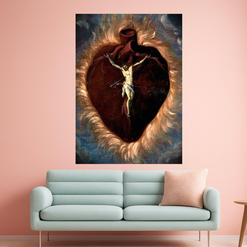 Sacred Heart Canvas Wall Art, Religious Christian Crucifixion, Spiritual Heart Symbol, Inspirational Faith Painting, Home Ready To Hang,