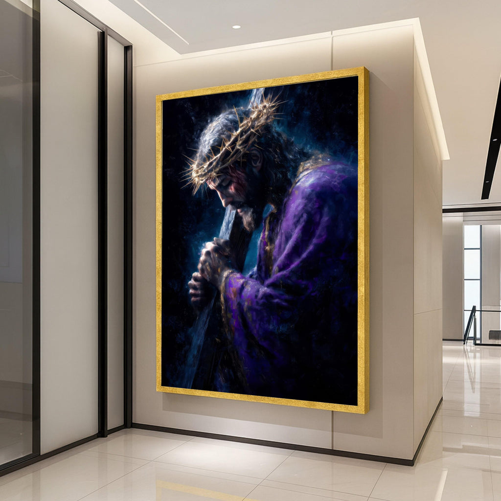 Jesus Carrying Cross Canvas, Crown of Thorns Wall Art, Religious Christian Canvas, Spiritual Home Decoration, Faith-Inspired Ready To Hang,