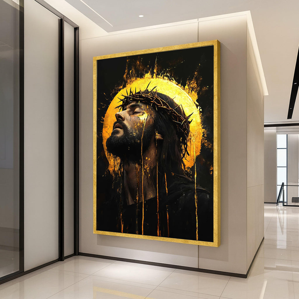 Jesus Christ Crown of Thorns Canvas, Spiritual Christian Wall Art, Golden Halo Religious Canvas, Faith Inspired Home Decor Ready To Hang,
