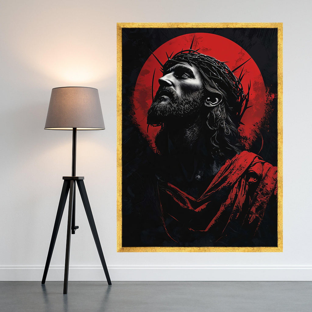 Dramatic Jesus Portrait Canvas Wall Art, Crown of Thorns Illustration, Religious Christian Canvas, Spiritual Home Decor, Ready To Hang,