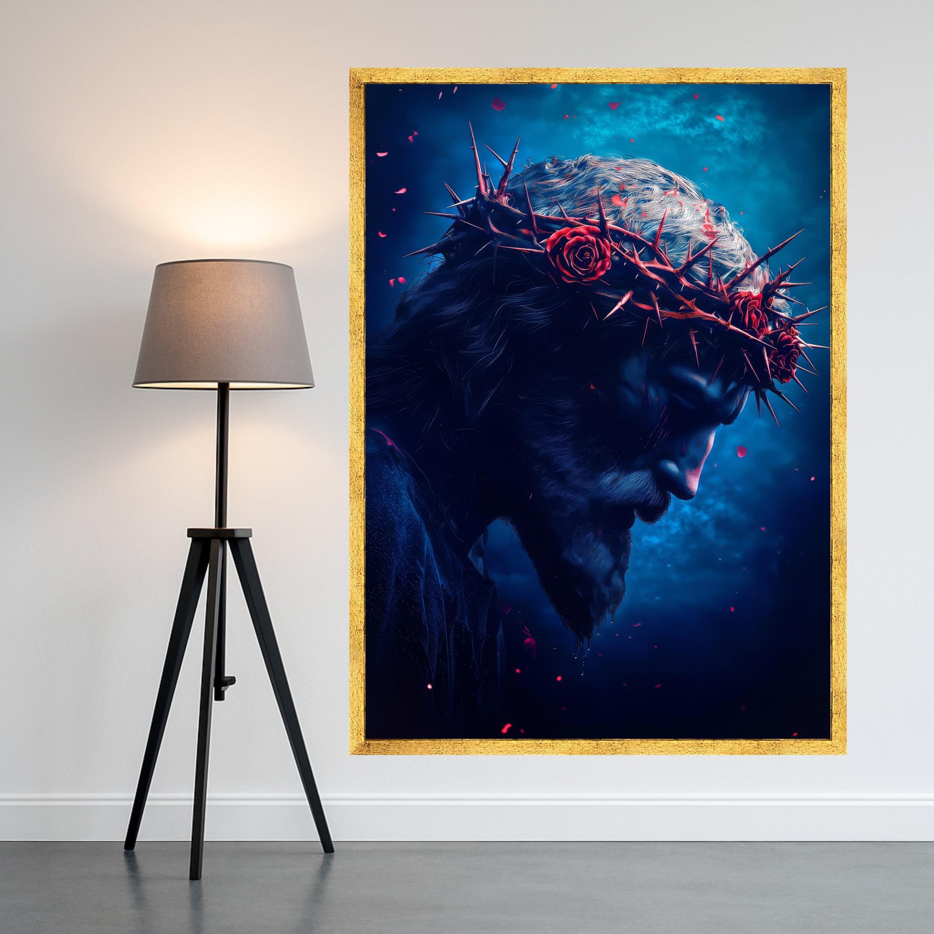 Dramatic Jesus Portrait Canvas, Crown of Thorns Wall Art, Religious Faith Decor, Spiritual Canvas Print, Dark Blue Moody Home Ready To Hang,