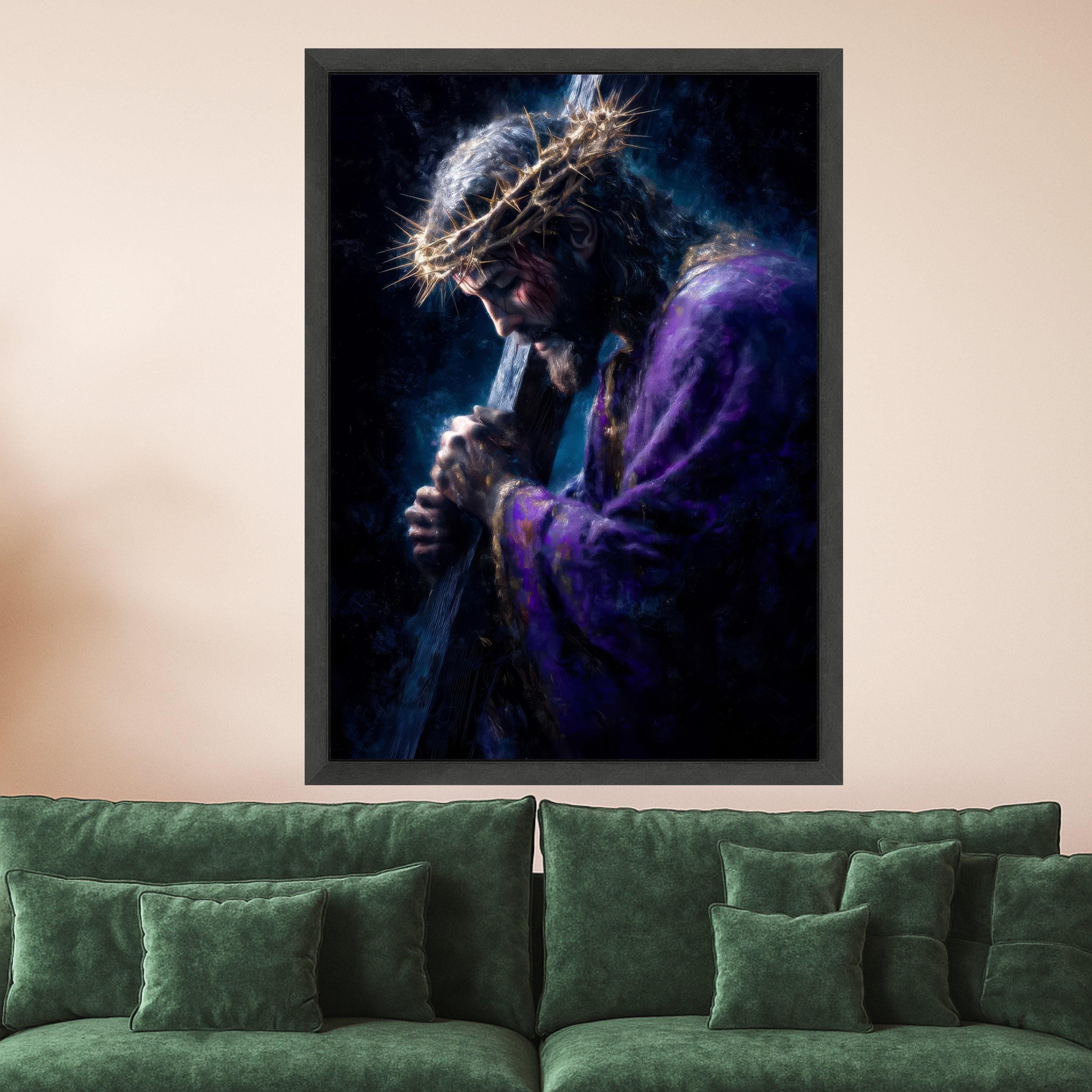 Jesus Carrying Cross Canvas, Crown of Thorns Wall Art, Religious Christian Canvas, Spiritual Home Decoration, Faith-Inspired Ready To Hang,