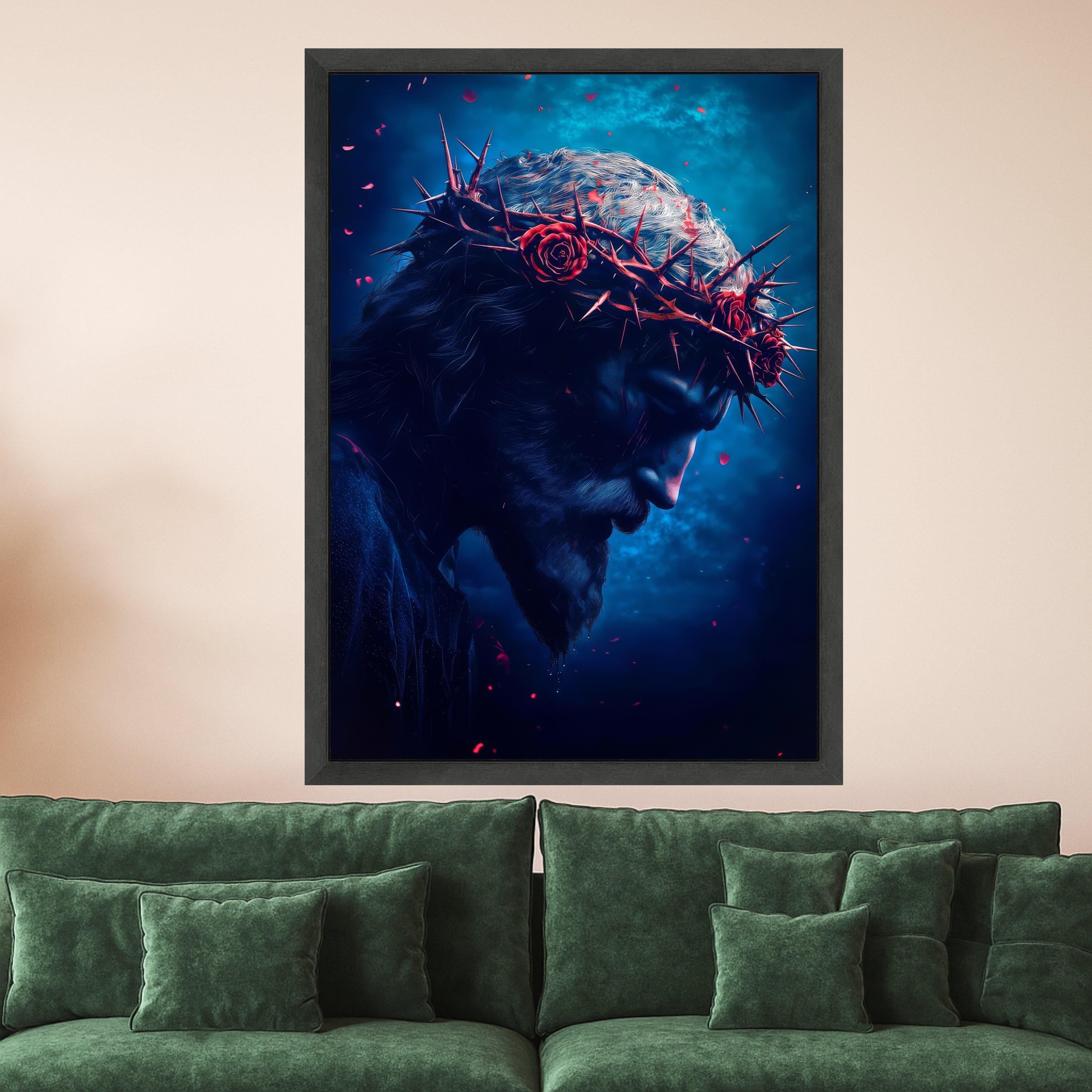 Dramatic Jesus Portrait Canvas, Crown of Thorns Wall Art, Religious Faith Decor, Spiritual Canvas Print, Dark Blue Moody Home Ready To Hang,