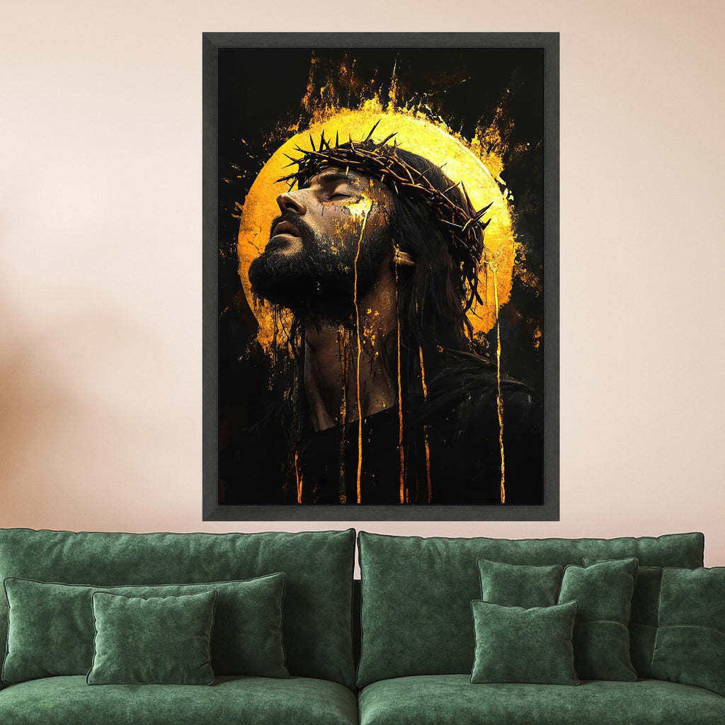 Jesus Christ Crown of Thorns Canvas, Spiritual Christian Wall Art, Golden Halo Religious Canvas, Faith Inspired Home Decor Ready To Hang,