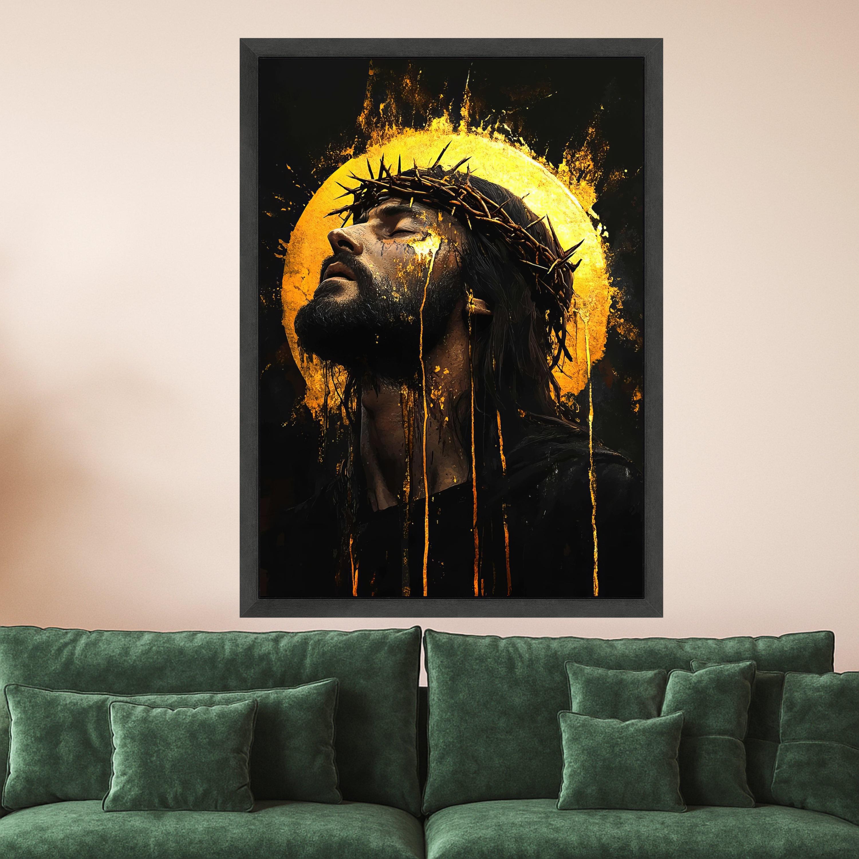 Jesus Christ Crown of Thorns Canvas, Spiritual Christian Wall Art, Golden Halo Religious Canvas, Faith Inspired Home Decor Ready To Hang,