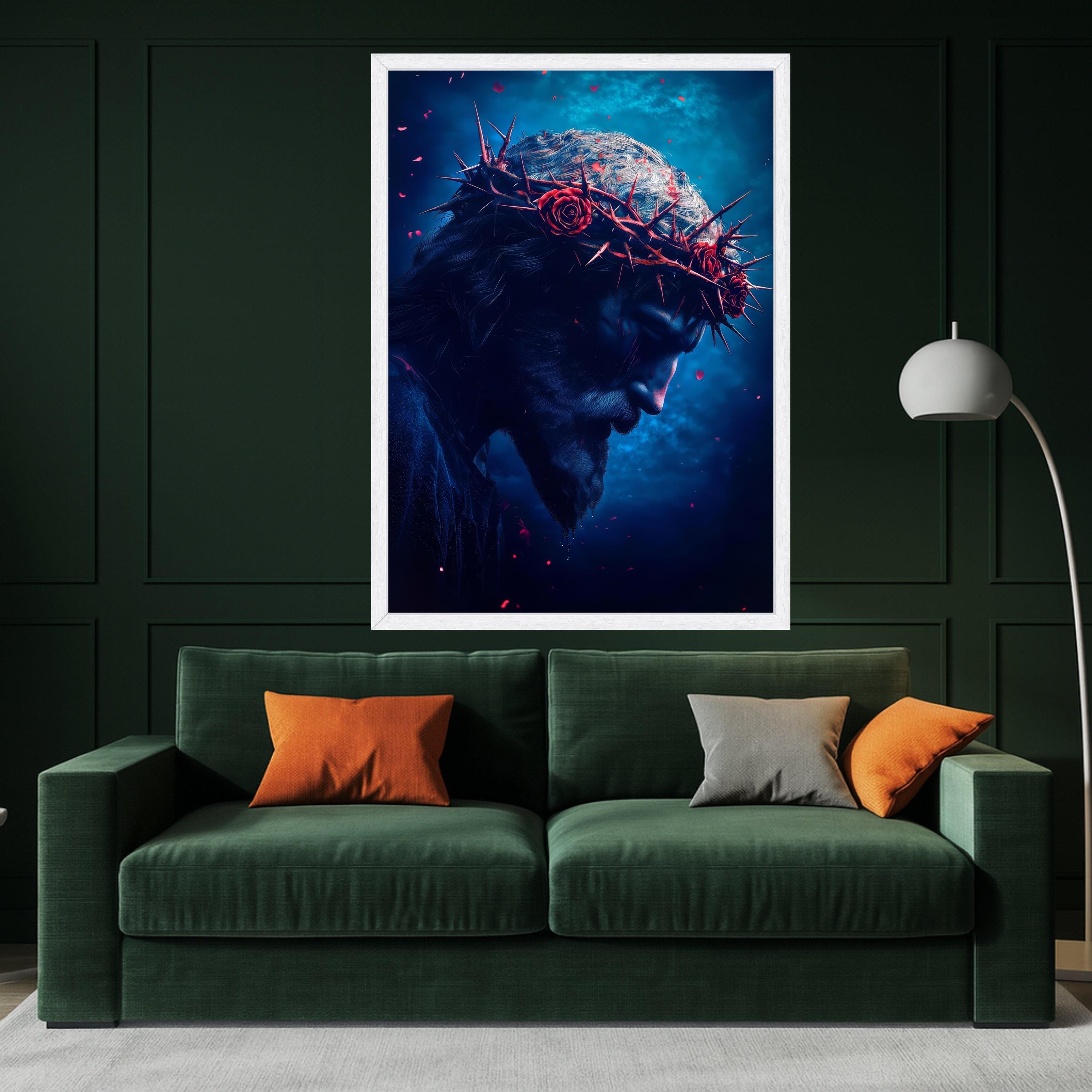 Dramatic Jesus Portrait Canvas, Crown of Thorns Wall Art, Religious Faith Decor, Spiritual Canvas Print, Dark Blue Moody Home Ready To Hang,