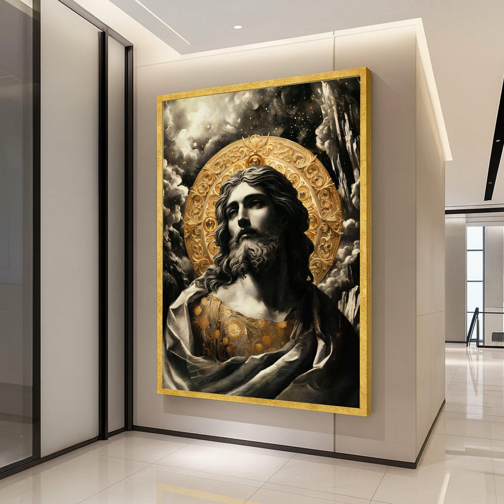 Classic Jesus Portrait Canvas Wall Art, Religious Icon with Golden Halo, Spiritual Christian Decor, Faith-Inspired Canvas Ready To Hang,