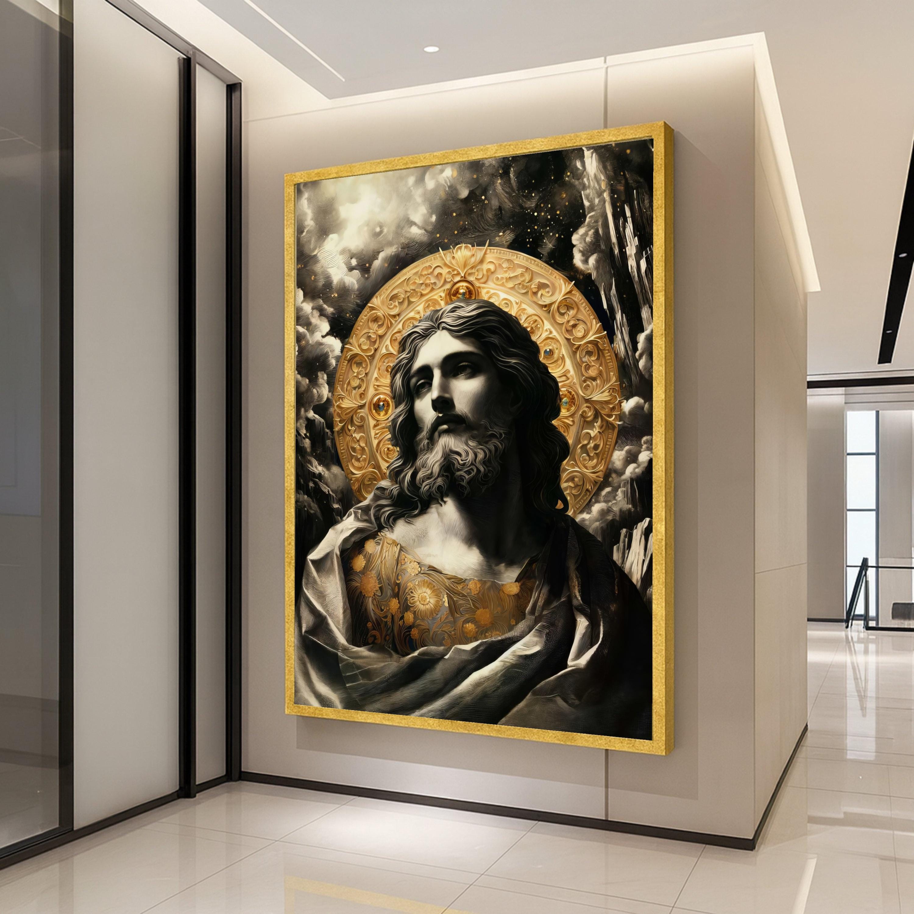 Classic Jesus Portrait Canvas Wall Art, Religious Icon with Golden Halo, Spiritual Christian Decor, Faith-Inspired Canvas Ready To Hang,