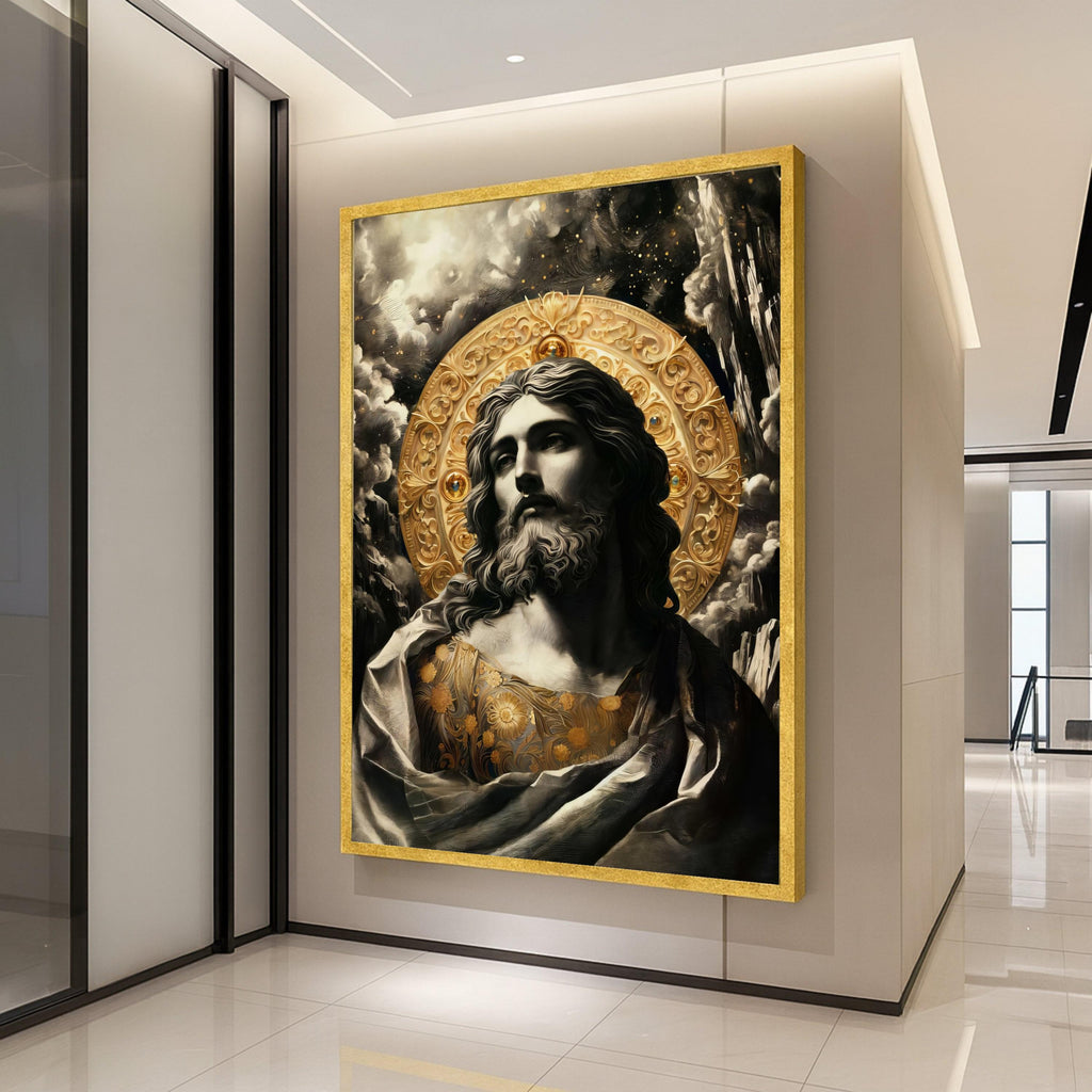 Classic Jesus Portrait Canvas Wall Art, Religious Icon with Golden Halo, Spiritual Christian Decor, Faith-Inspired Canvas Ready To Hang,