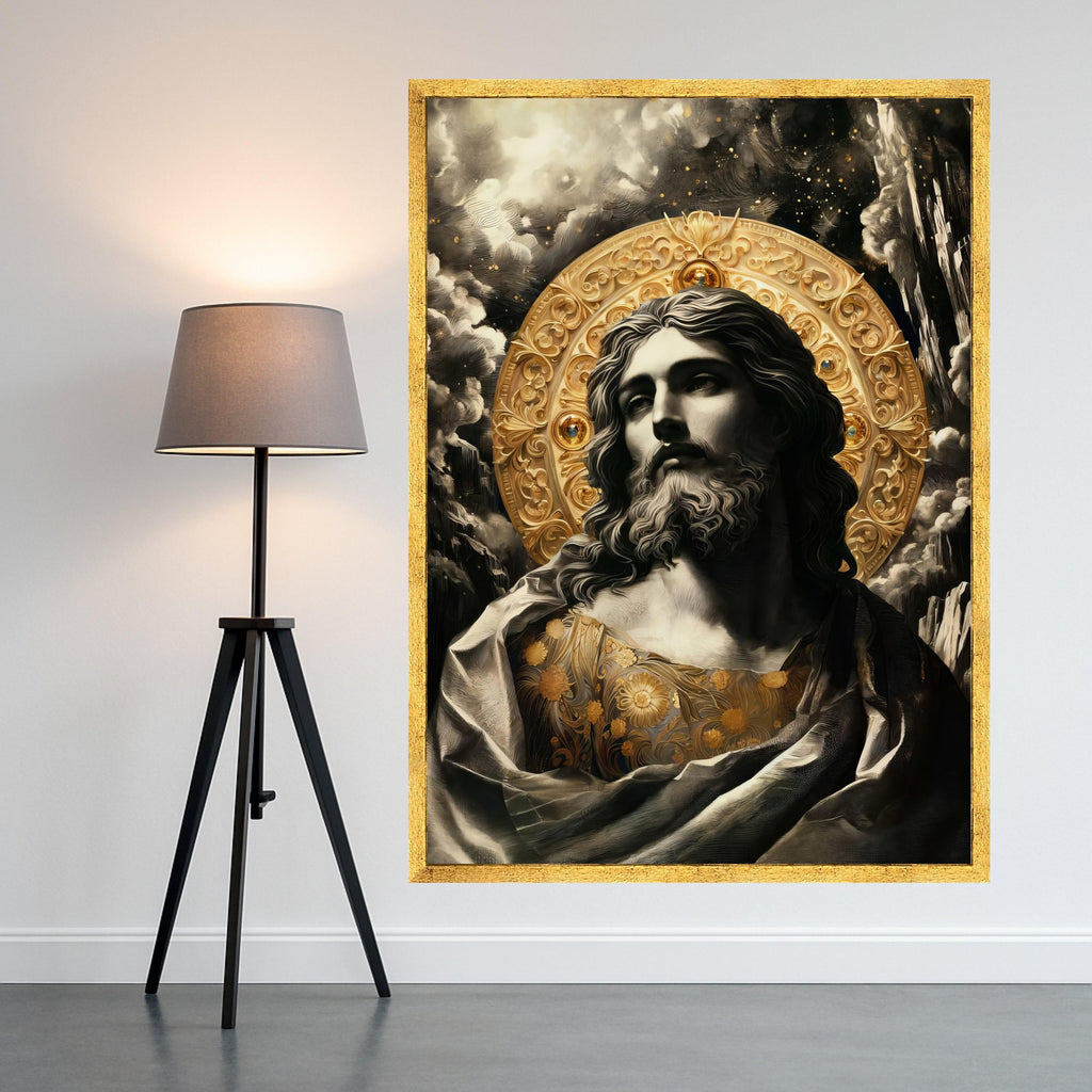 Classic Jesus Portrait Canvas Wall Art, Religious Icon with Golden Halo, Spiritual Christian Decor, Faith-Inspired Canvas Ready To Hang,