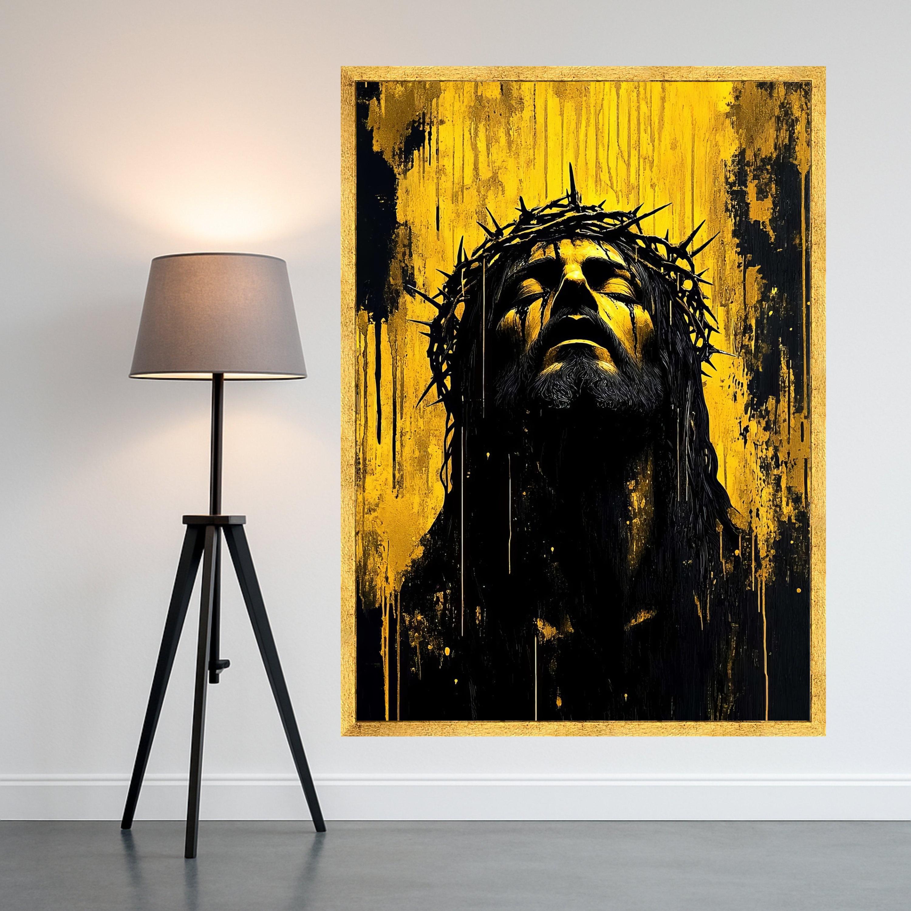 Expressive Jesus Christ Portrait Canvas, Crown of Thorns Wall Art, Religious Canvas Painting, Dramatic Yellow Black Artwork, Ready To Hang,