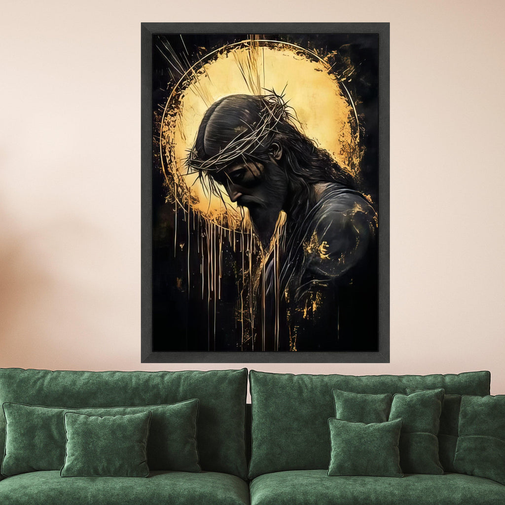 Jesus Christ Profile with Crown of Thorns Canvas, Religious Wall Art, Sacred Halo Painting, Christian Home Decor, Spiritual Ready To Hang,