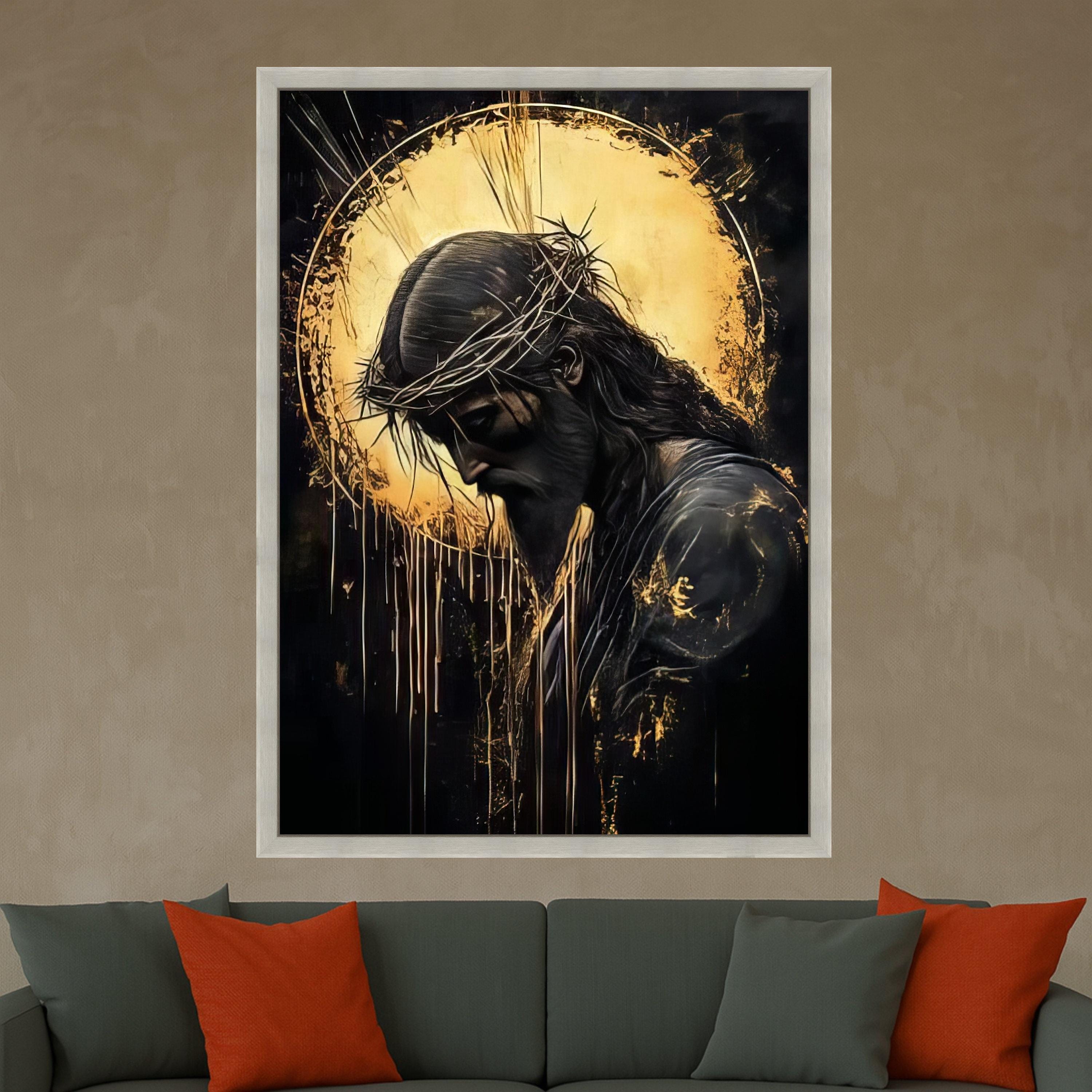Jesus Christ Profile with Crown of Thorns Canvas, Religious Wall Art, Sacred Halo Painting, Christian Home Decor, Spiritual Ready To Hang,