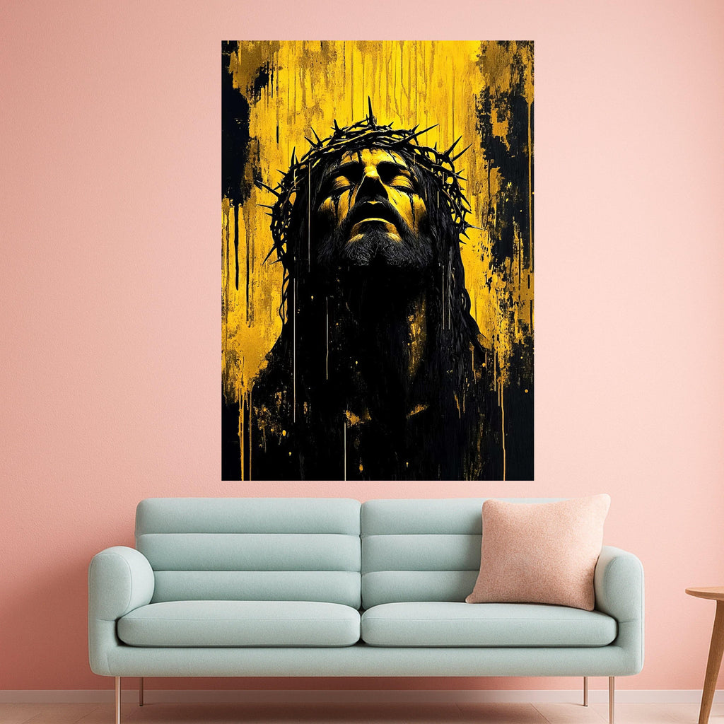 Expressive Jesus Christ Portrait Canvas, Crown of Thorns Wall Art, Religious Canvas Painting, Dramatic Yellow Black Artwork, Ready To Hang,
