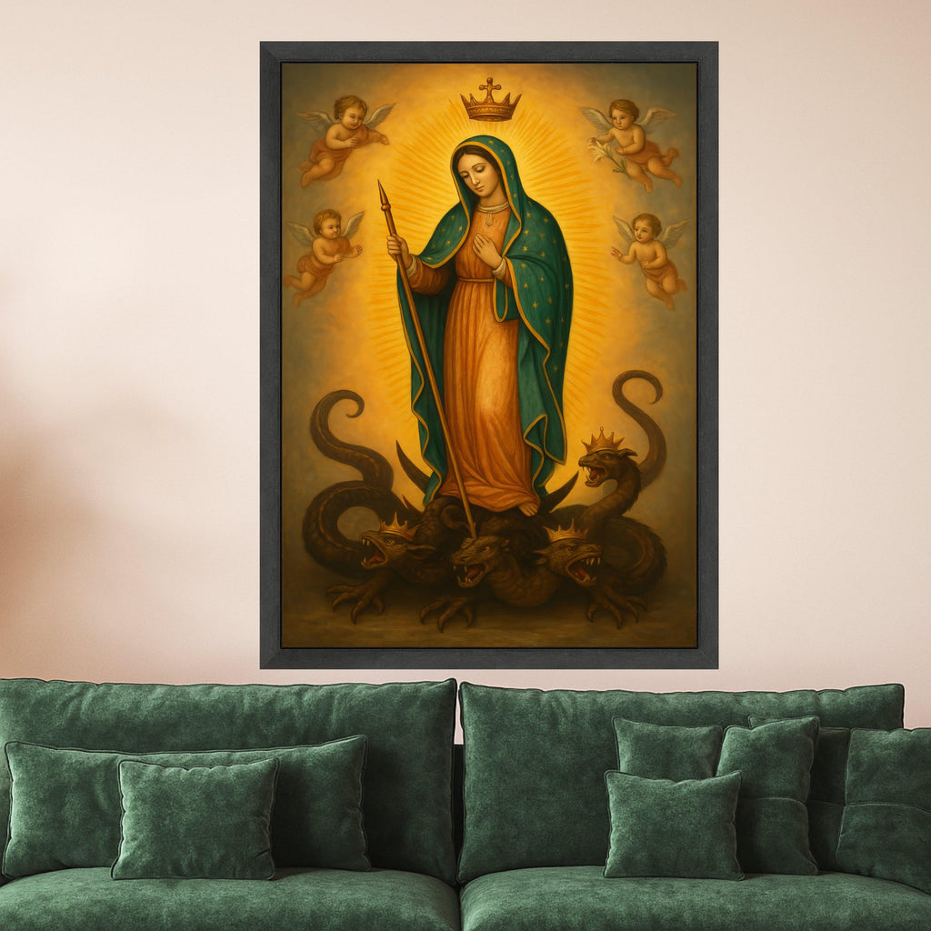Mary Queen of Heaven Canvas, Virgin Mary Religious Wall Art, Angelic Spiritual Canvas, Catholic Iconography Decoration, Ready To Hang,