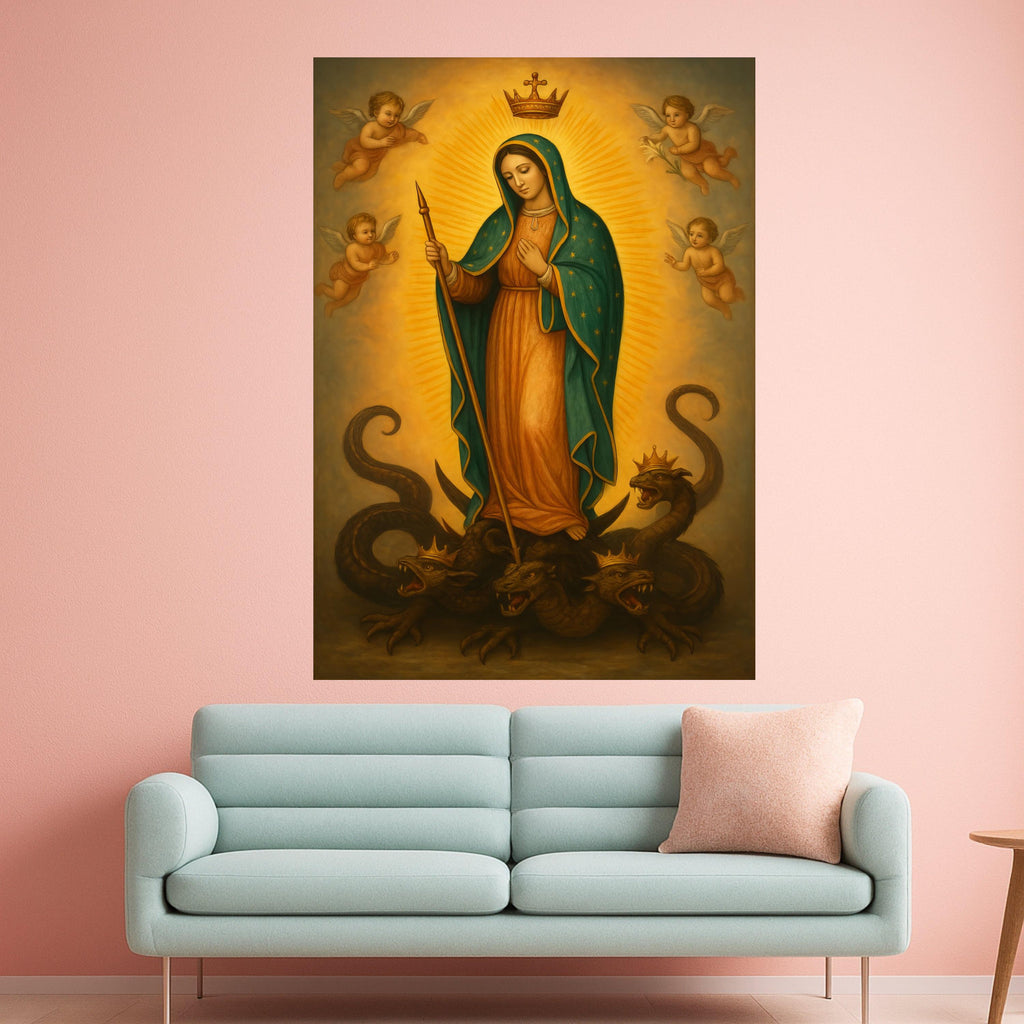 Mary Queen of Heaven Canvas, Virgin Mary Religious Wall Art, Angelic Spiritual Canvas, Catholic Iconography Decoration, Ready To Hang,