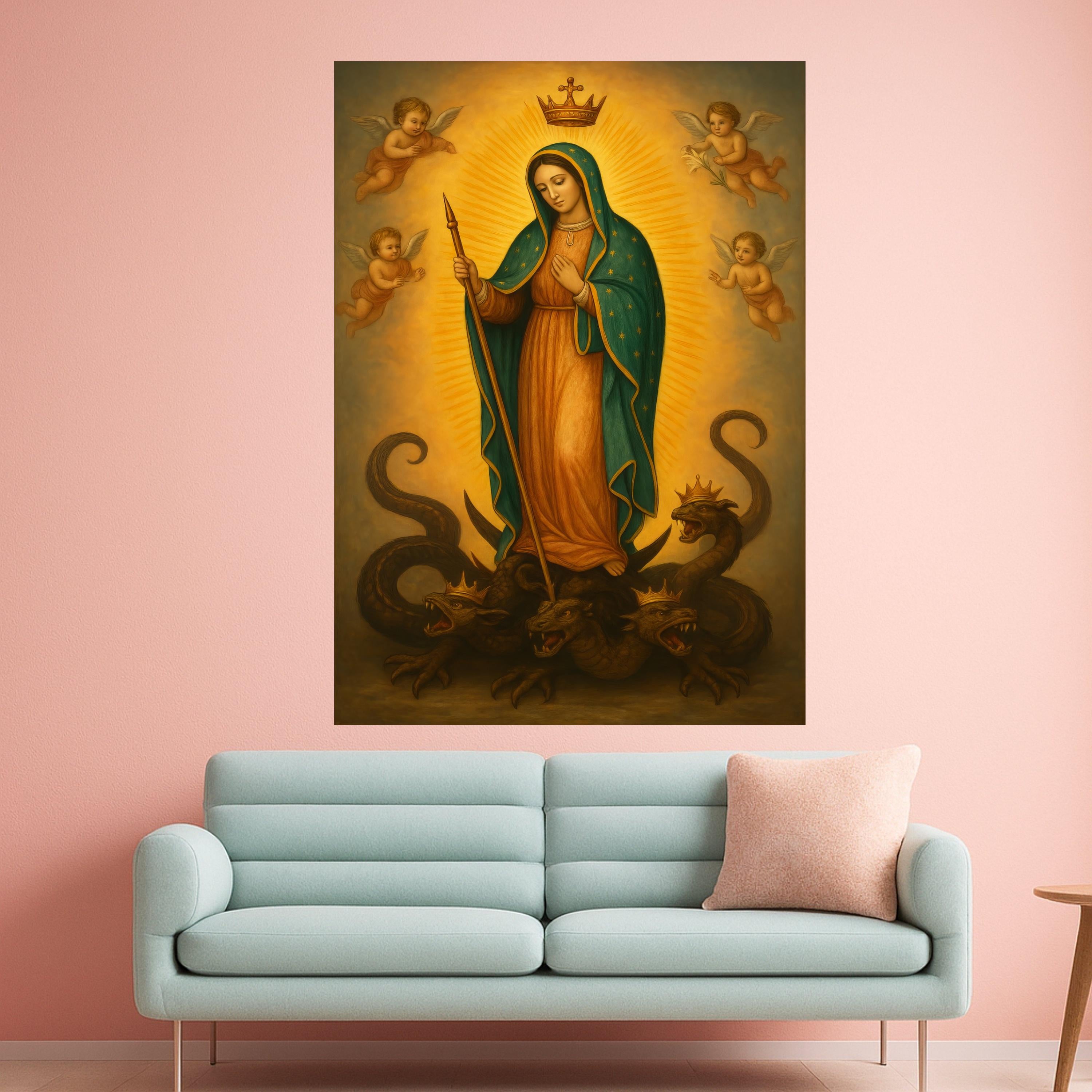 Mary Queen of Heaven Canvas, Virgin Mary Religious Wall Art, Angelic Spiritual Canvas, Catholic Iconography Decoration, Ready To Hang,