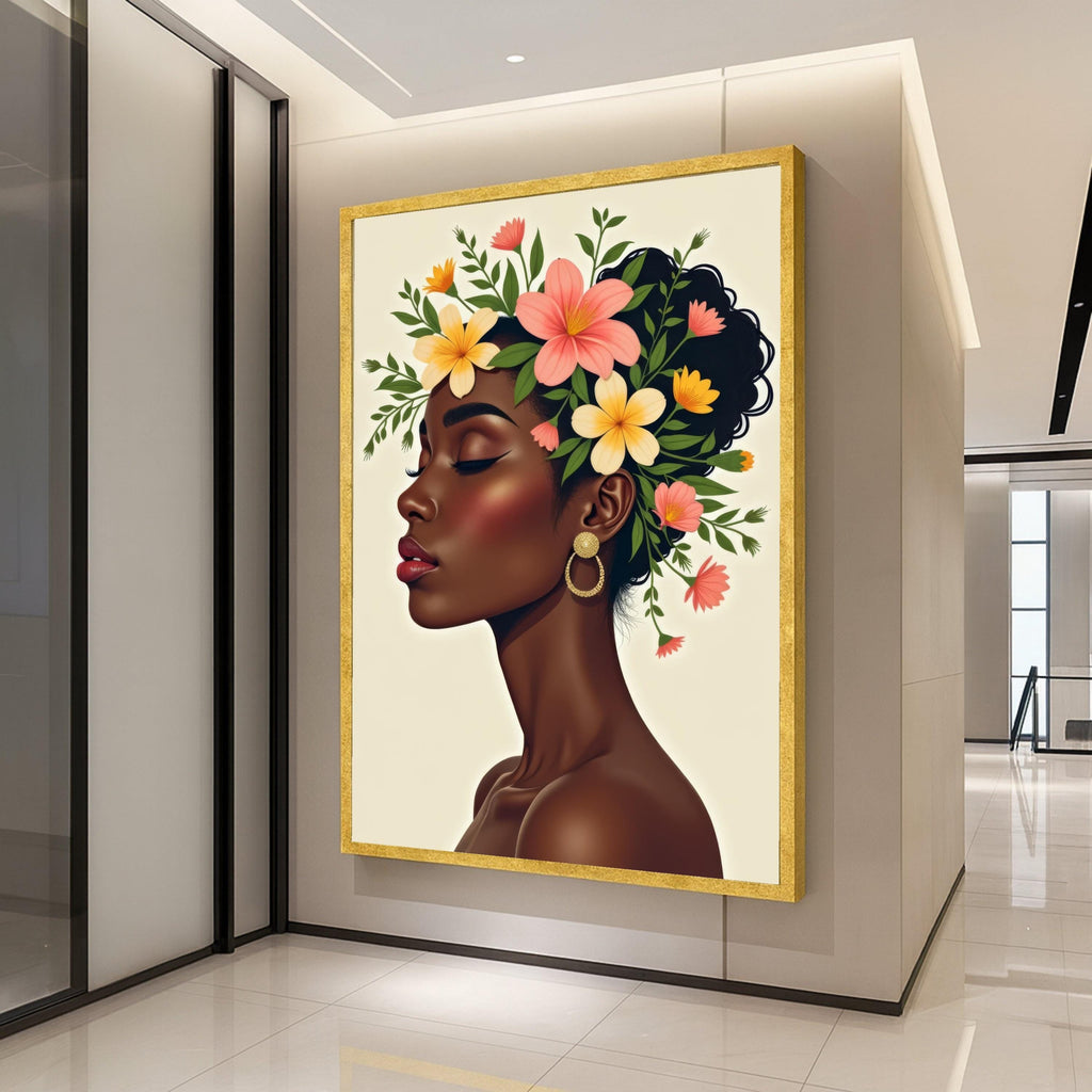Elegant Profile Portrait, Floral Crown Canvas, Woman Silhouette Wall Art, Modern Beauty Illustration, Ethnic Home Decor, Ready To Hang,