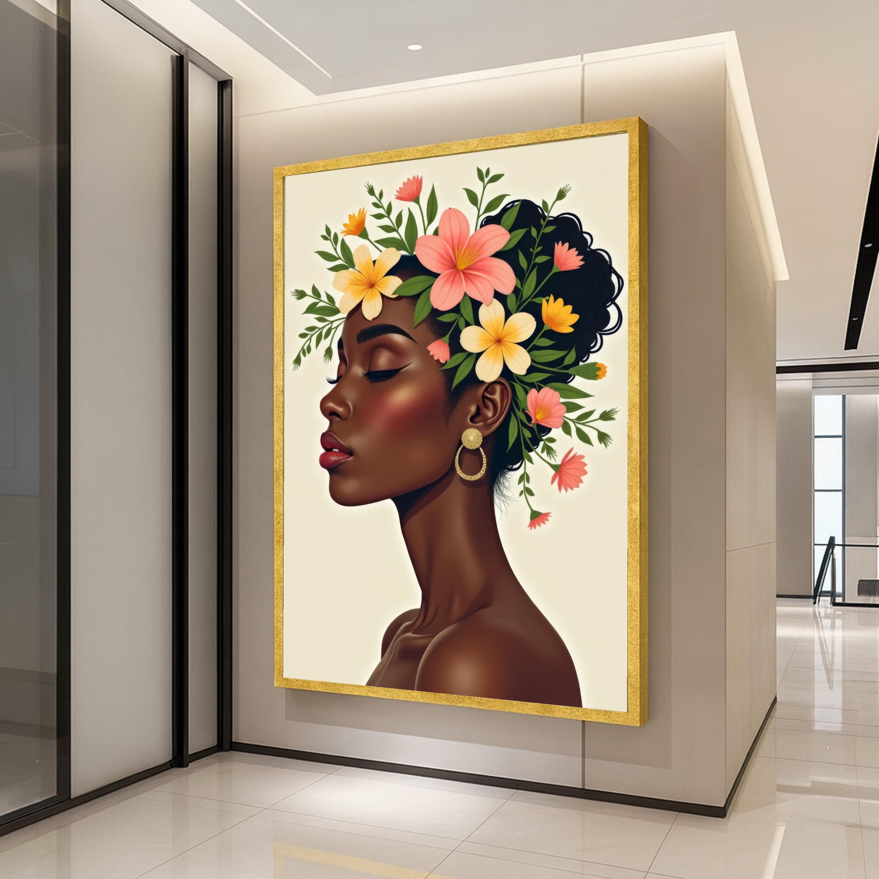 Elegant Profile Portrait, Floral Crown Canvas, Woman Silhouette Wall Art, Modern Beauty Illustration, Ethnic Home Decor, Ready To Hang,