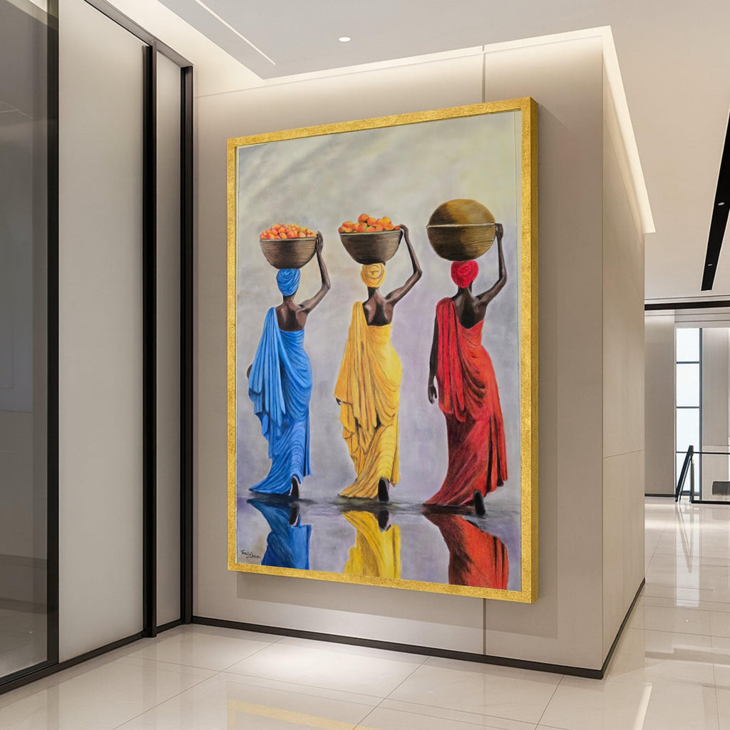 Colorful African Women Carrying Baskets Canvas, Ethnic Culture Wall Art, Vibrant Traditional Dress Decoration, Reflective Ready To Hang,