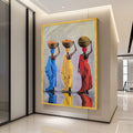 Colorful African Women Carrying Baskets Canvas, Ethnic Culture Wall Art, Vibrant Traditional Dress Decoration, Reflective Ready To Hang,