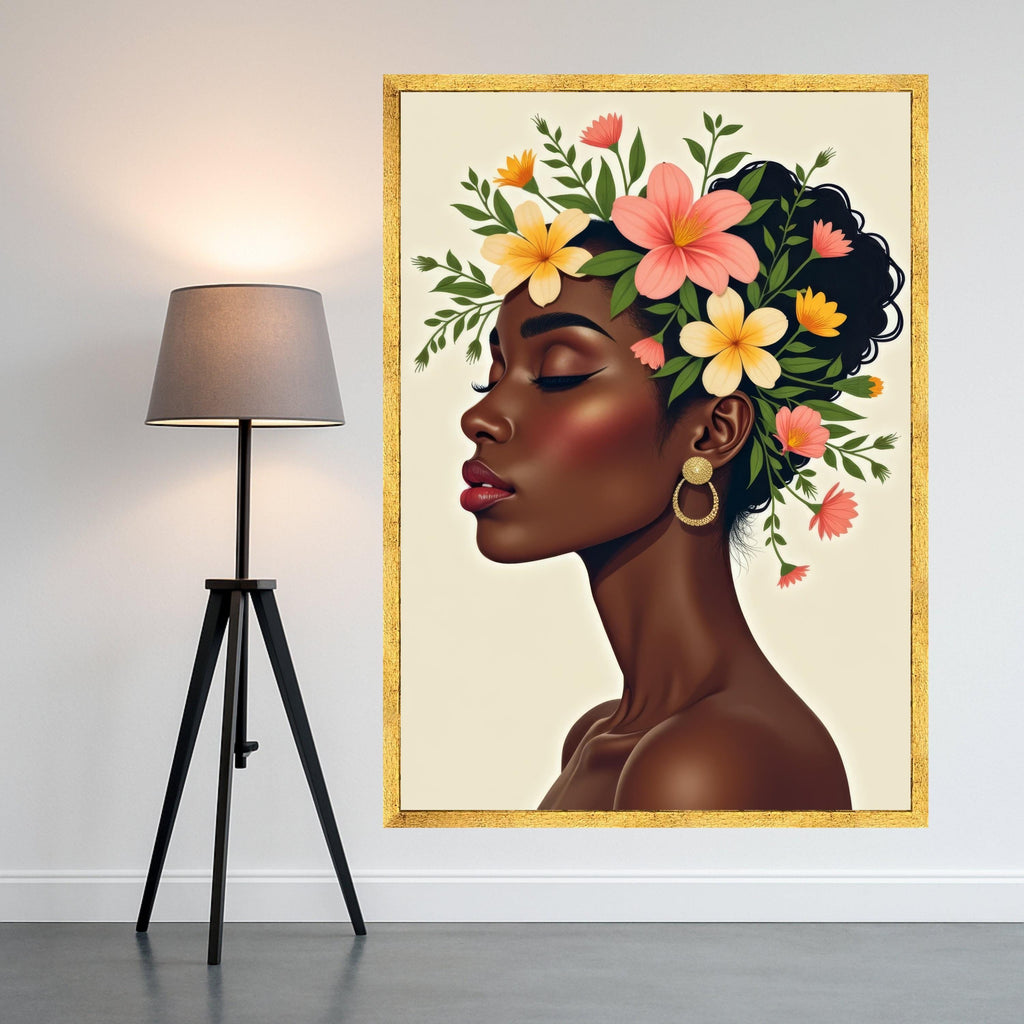 Elegant Profile Portrait, Floral Crown Canvas, Woman Silhouette Wall Art, Modern Beauty Illustration, Ethnic Home Decor, Ready To Hang,