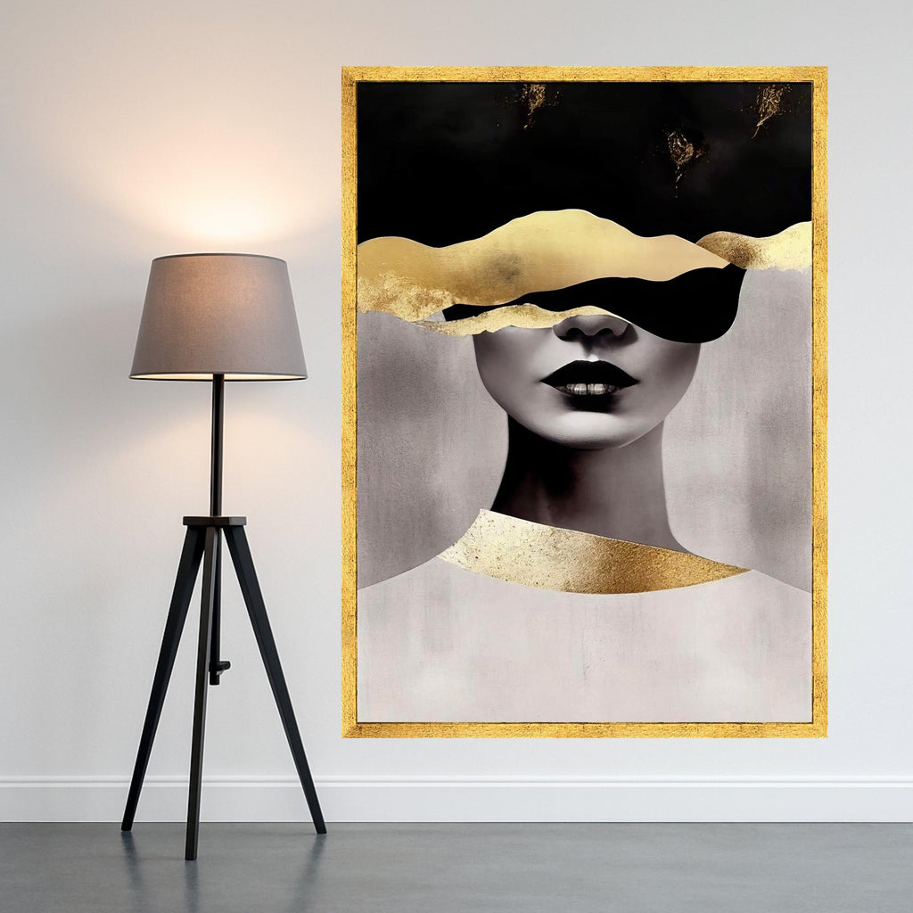 Abstract Woman Portrait Canvas, Modern Gold Leaf Art, Black and White Face Canvas, Contemporary Wall Art, Minimalist Home Ready To Hang,