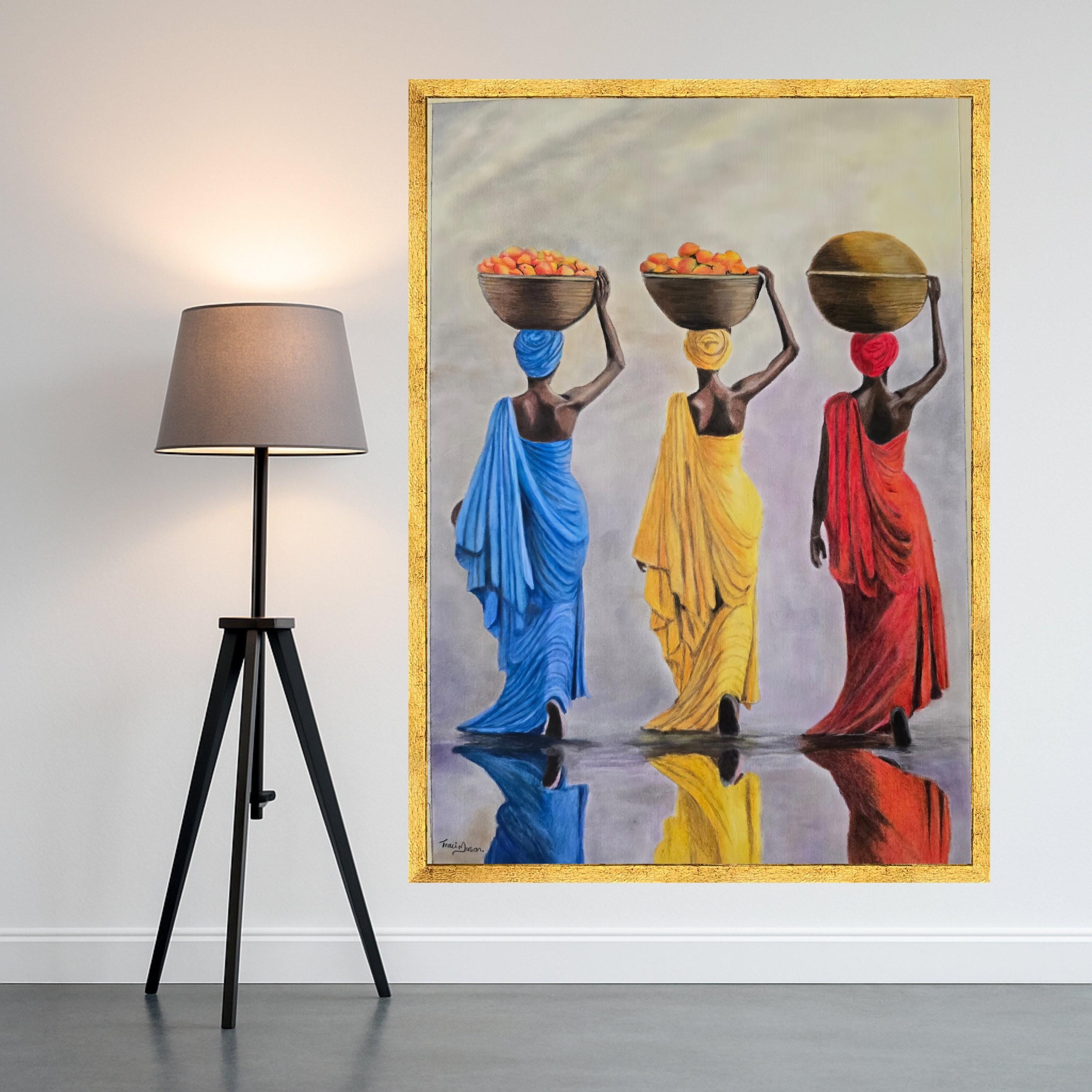Colorful African Women Carrying Baskets Canvas, Ethnic Culture Wall Art, Vibrant Traditional Dress Decoration, Reflective Ready To Hang,