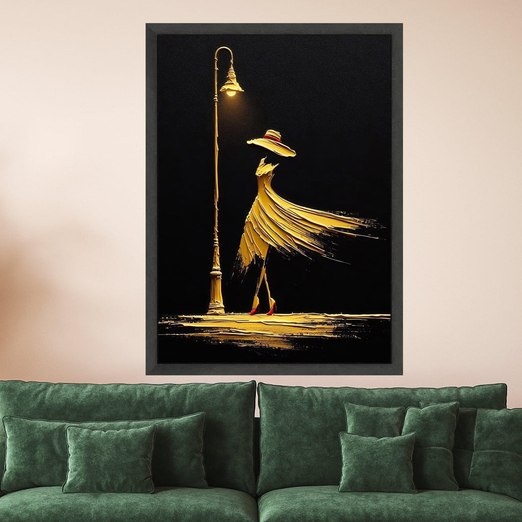 Elegant Woman in Flowing Dress Canvas, Abstract Fashion Art, Golden Night Street Lamp Wall Decor, Modern Canvas Wall Art for Ready To Hang,