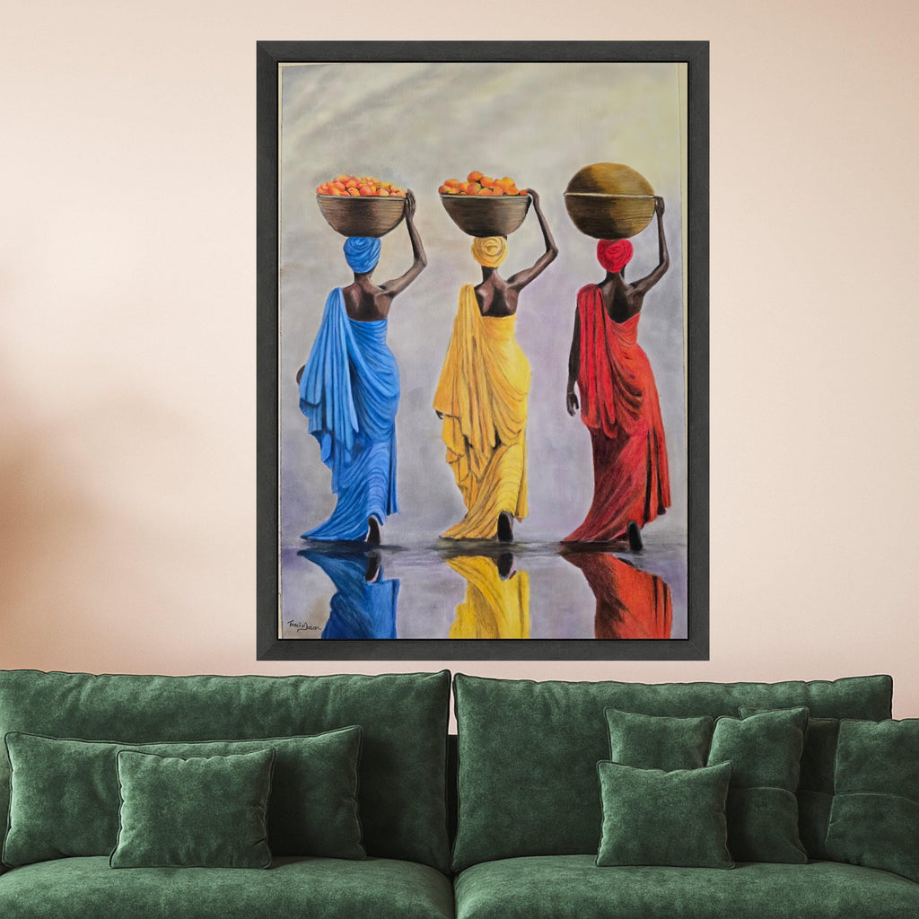 Colorful African Women Carrying Baskets Canvas, Ethnic Culture Wall Art, Vibrant Traditional Dress Decoration, Reflective Ready To Hang,