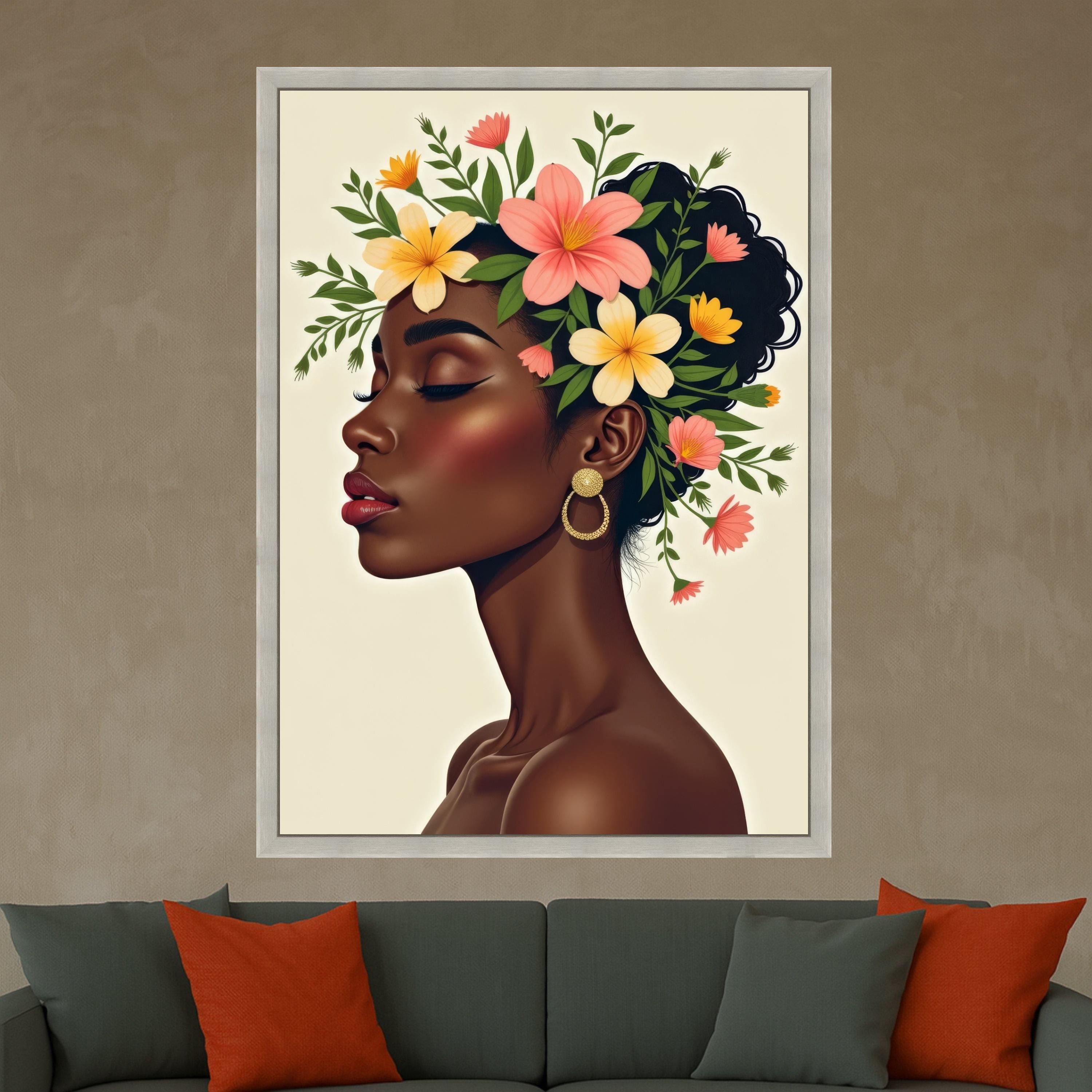 Elegant Profile Portrait, Floral Crown Canvas, Woman Silhouette Wall Art, Modern Beauty Illustration, Ethnic Home Decor, Ready To Hang,