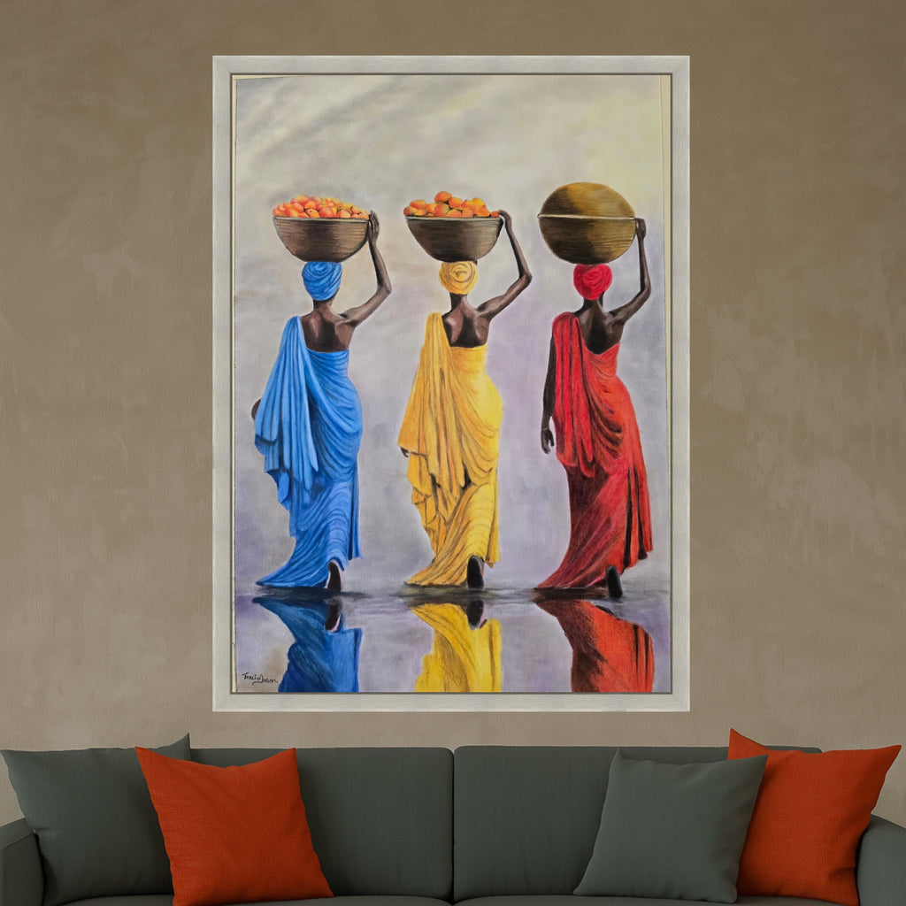 Colorful African Women Carrying Baskets Canvas, Ethnic Culture Wall Art, Vibrant Traditional Dress Decoration, Reflective Ready To Hang,