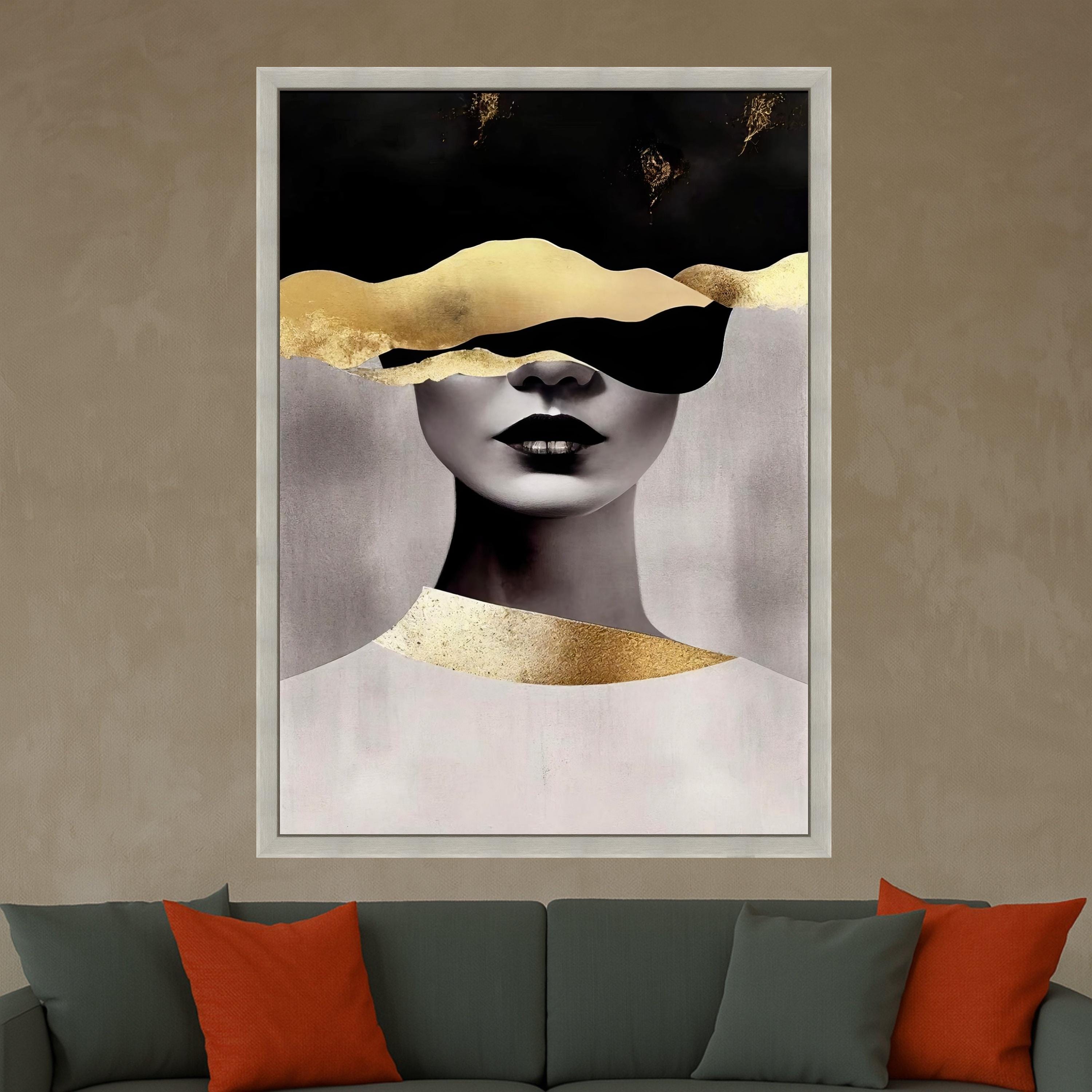 Abstract Woman Portrait Canvas, Modern Gold Leaf Art, Black and White Face Canvas, Contemporary Wall Art, Minimalist Home Ready To Hang,