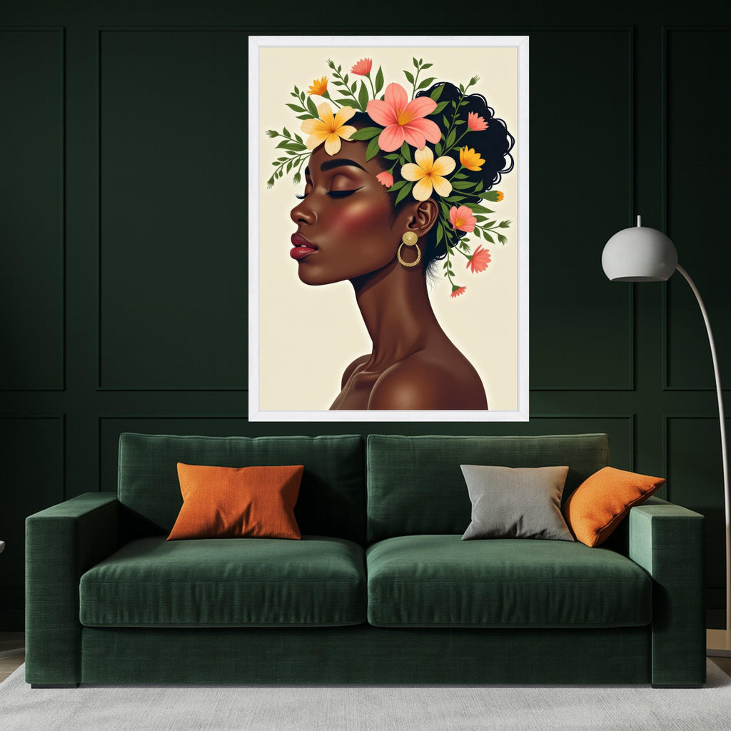 Elegant Profile Portrait, Floral Crown Canvas, Woman Silhouette Wall Art, Modern Beauty Illustration, Ethnic Home Decor, Ready To Hang,