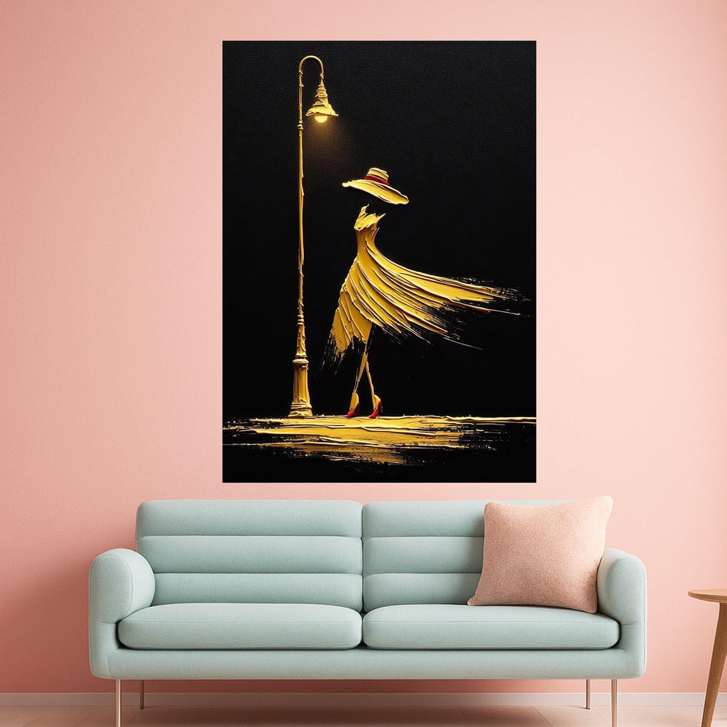 Elegant Woman in Flowing Dress Canvas, Abstract Fashion Art, Golden Night Street Lamp Wall Decor, Modern Canvas Wall Art for Ready To Hang,