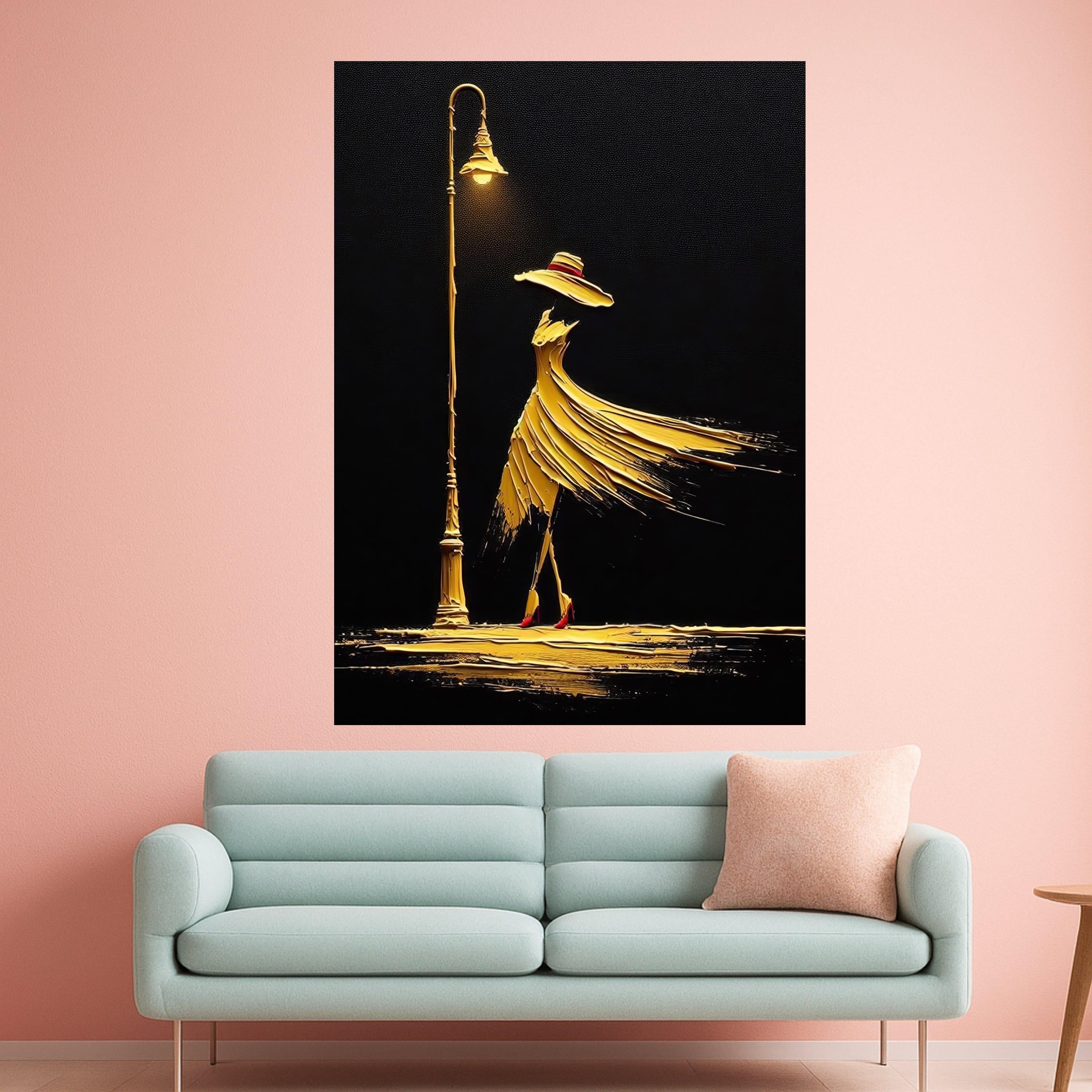 Elegant Woman in Flowing Dress Canvas, Abstract Fashion Art, Golden Night Street Lamp Wall Decor, Modern Canvas Wall Art for Ready To Hang,