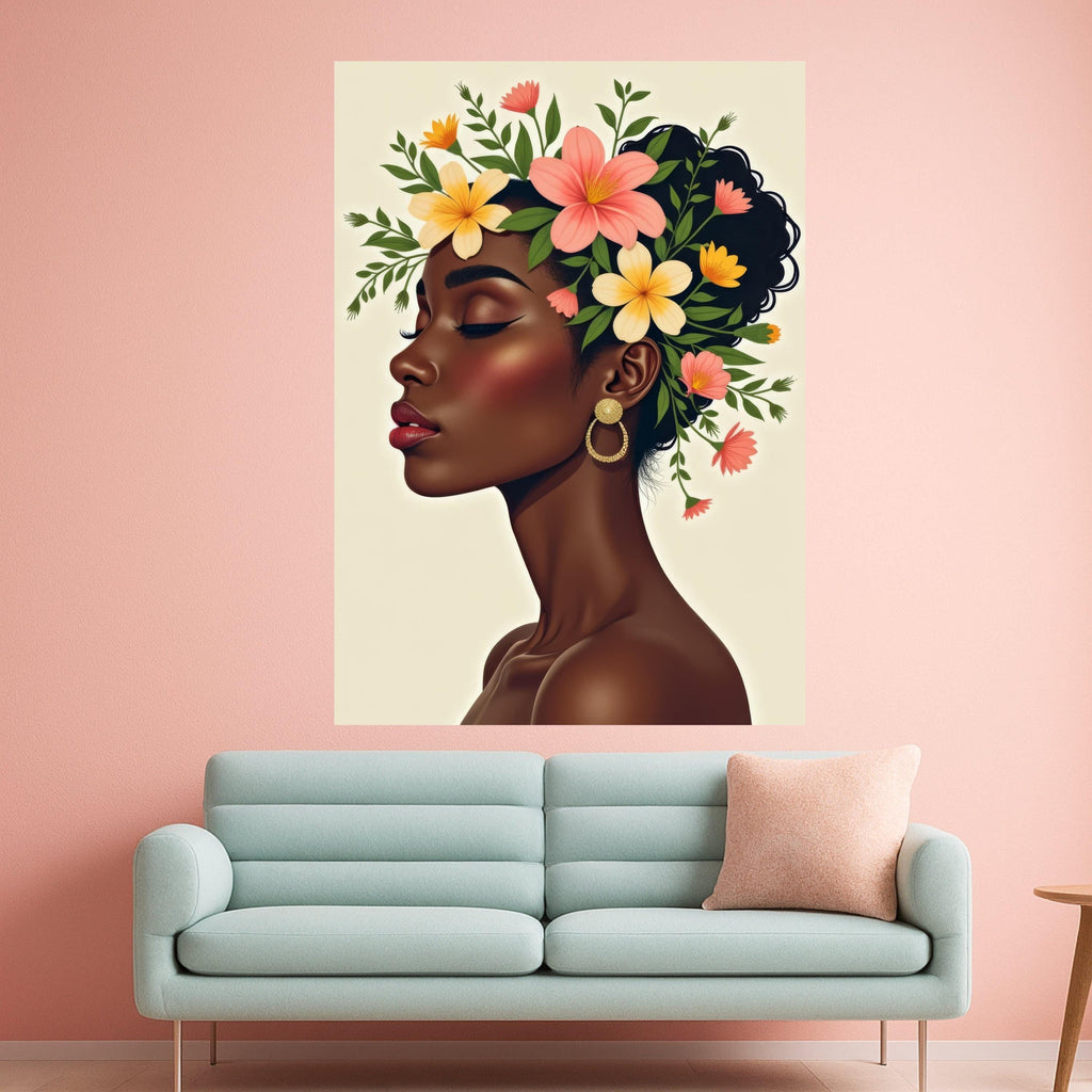Elegant Profile Portrait, Floral Crown Canvas, Woman Silhouette Wall Art, Modern Beauty Illustration, Ethnic Home Decor, Ready To Hang,