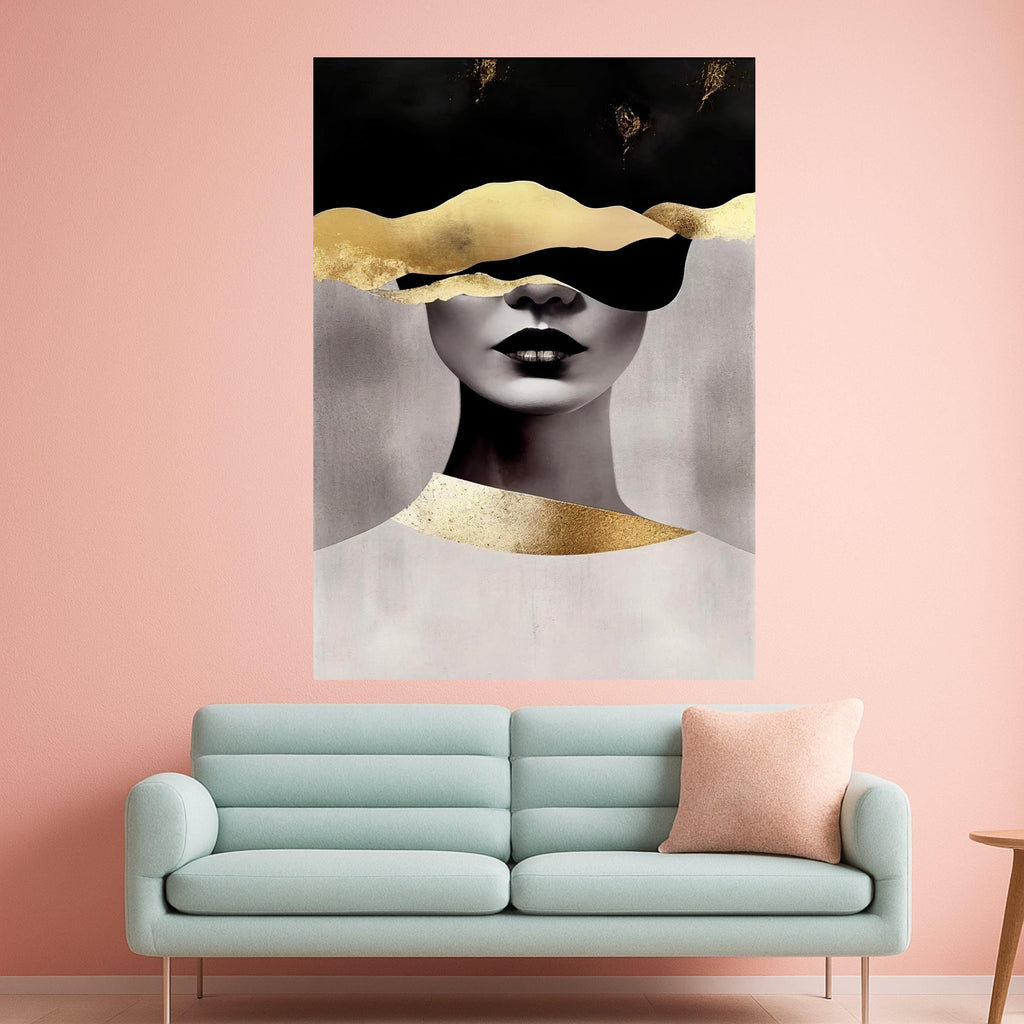Abstract Woman Portrait Canvas, Modern Gold Leaf Art, Black and White Face Canvas, Contemporary Wall Art, Minimalist Home Ready To Hang,